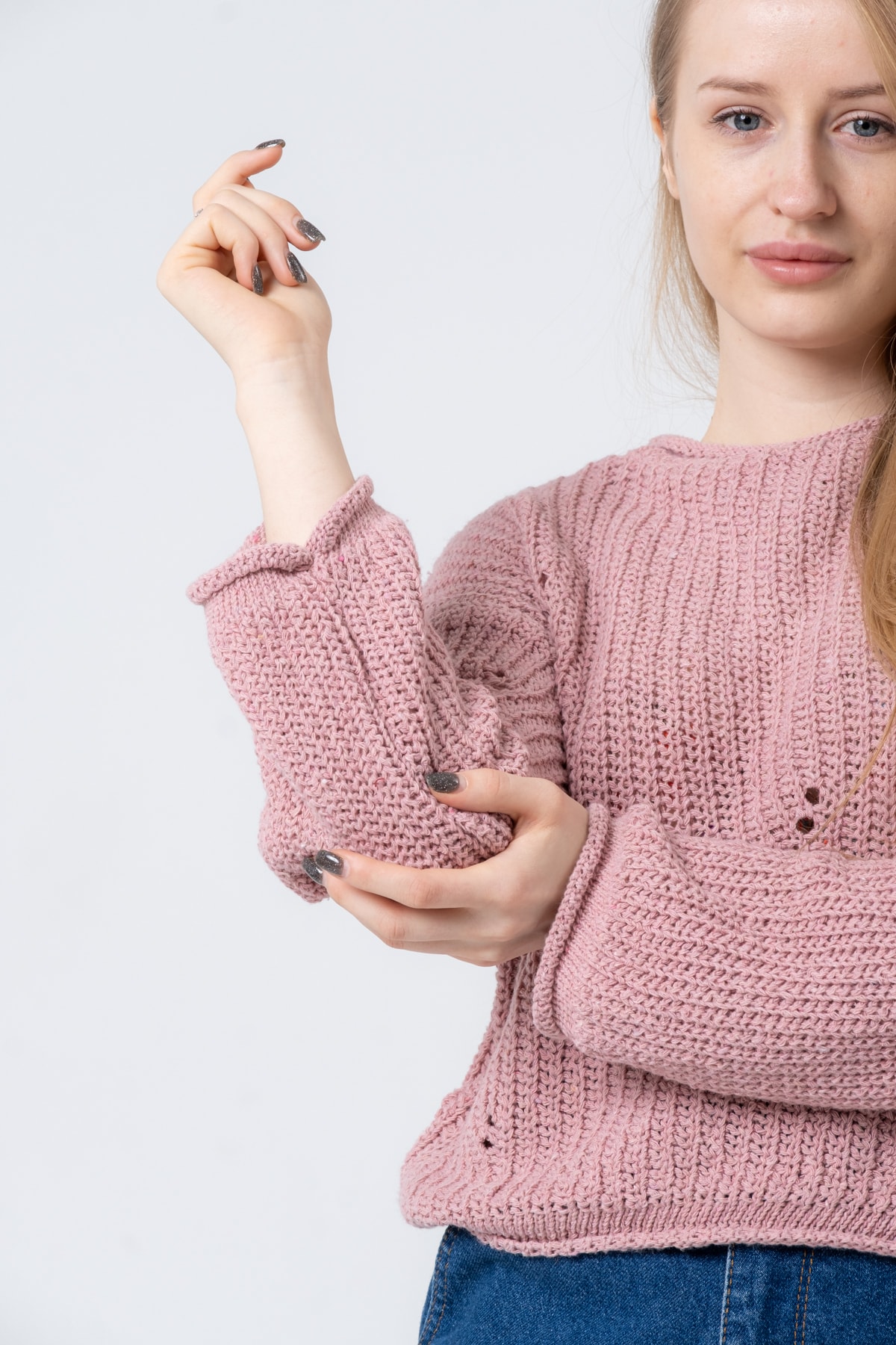 Kadın Pembe Geniş Uzun Kollu Triko Kazak