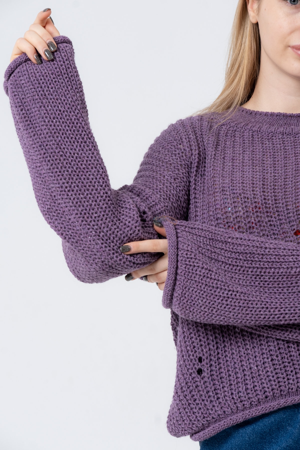 Kadın Pembe Geniş Uzun Kollu Triko Kazak