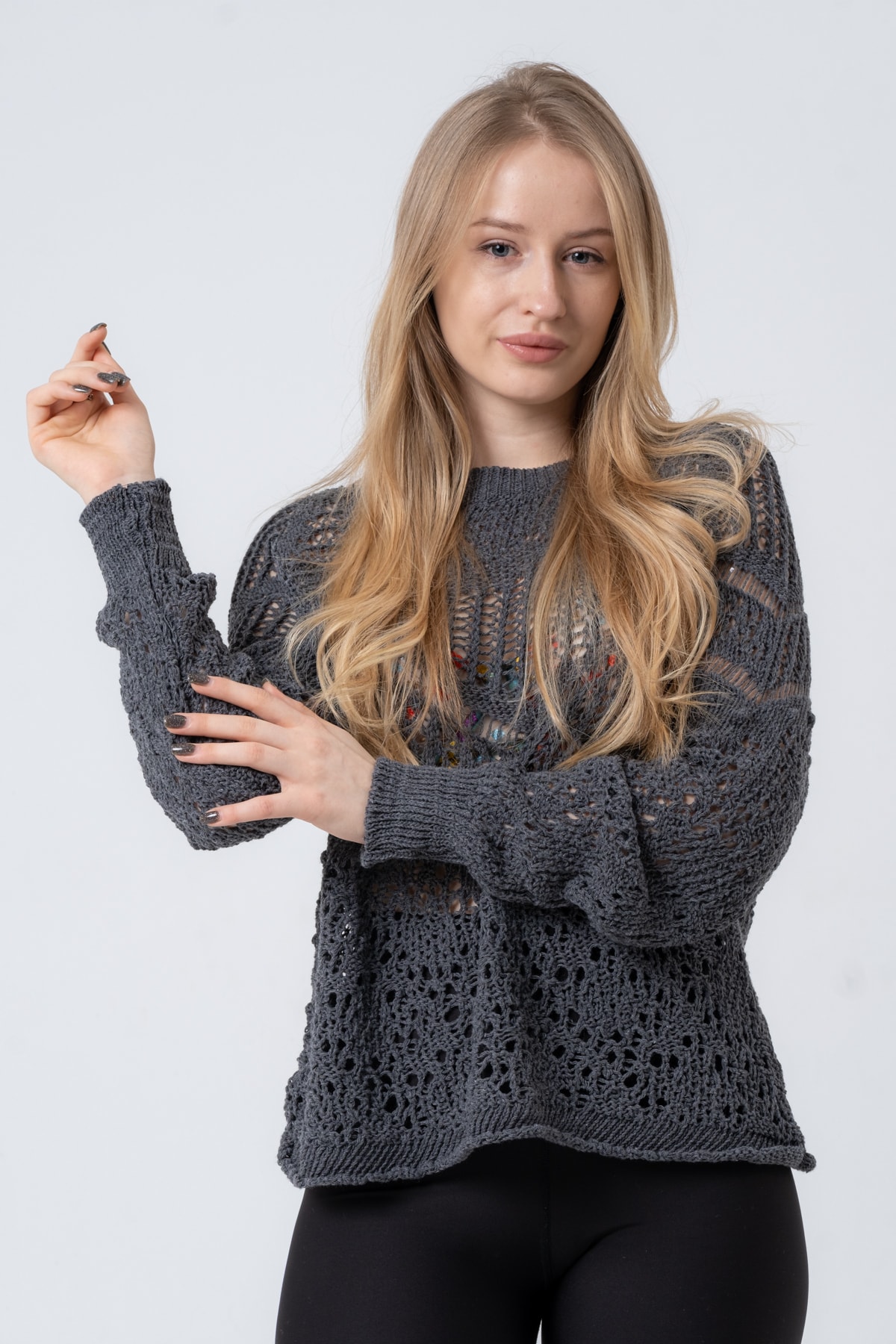 Kadın Antrasit Ajurlu Uzun Kollu Triko Kazak