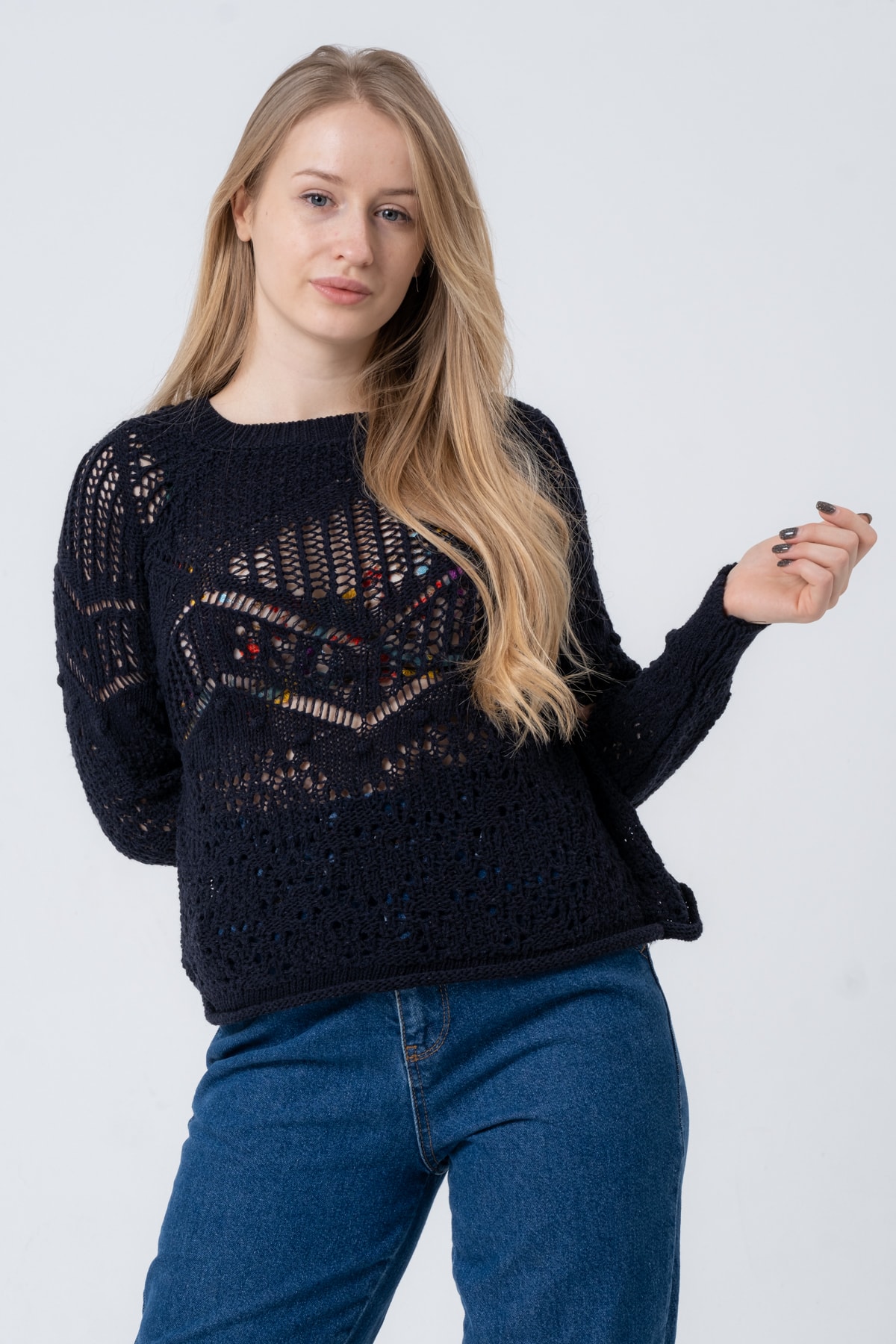 Kadın Antrasit Ajurlu Uzun Kollu Triko Kazak