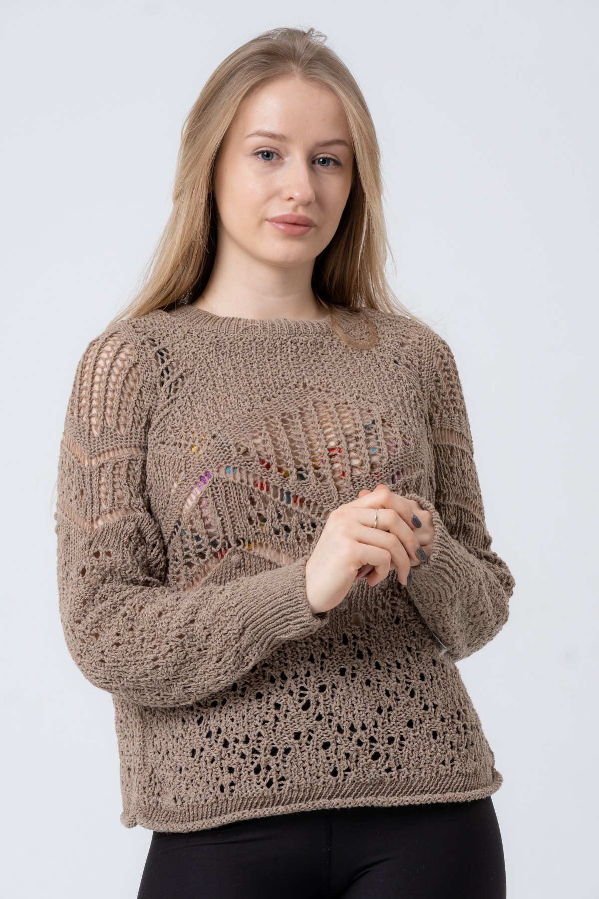 Kadın Antrasit Ajurlu Uzun Kollu Triko Kazak