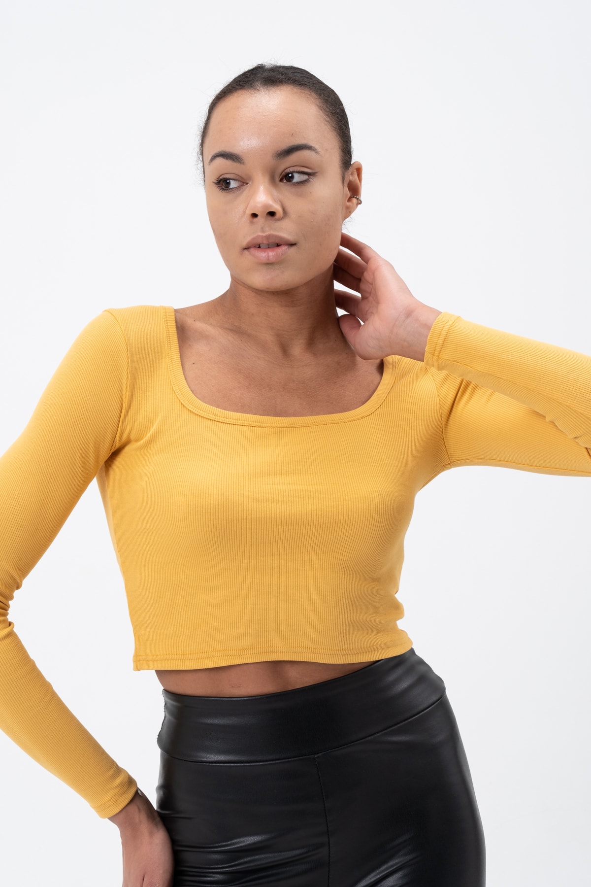 Kadın Gül Kurusu Uzun Kollu Kare Yaka Fitilli Bluz