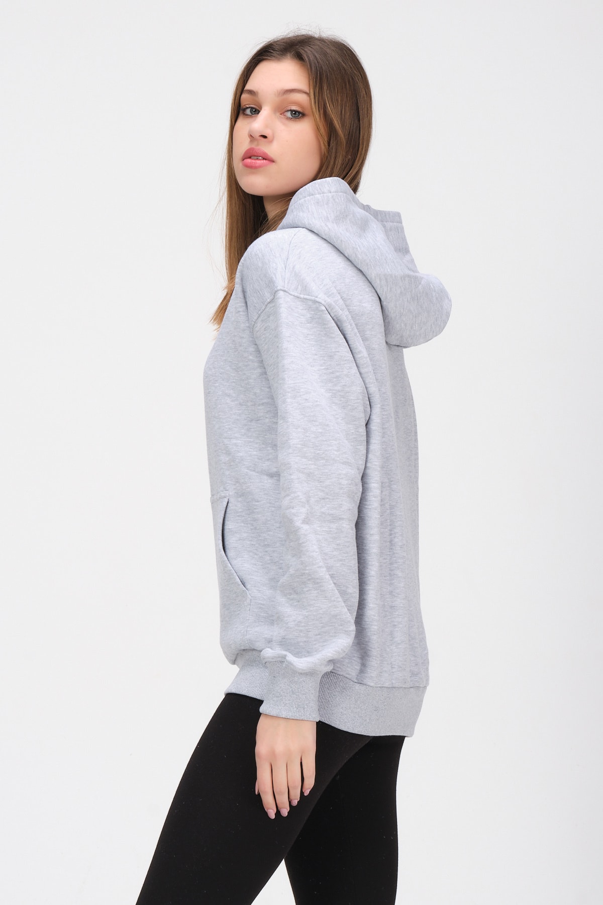 Kadın Gri Kapüşonlu Içi Polarlı Oversize Sweat