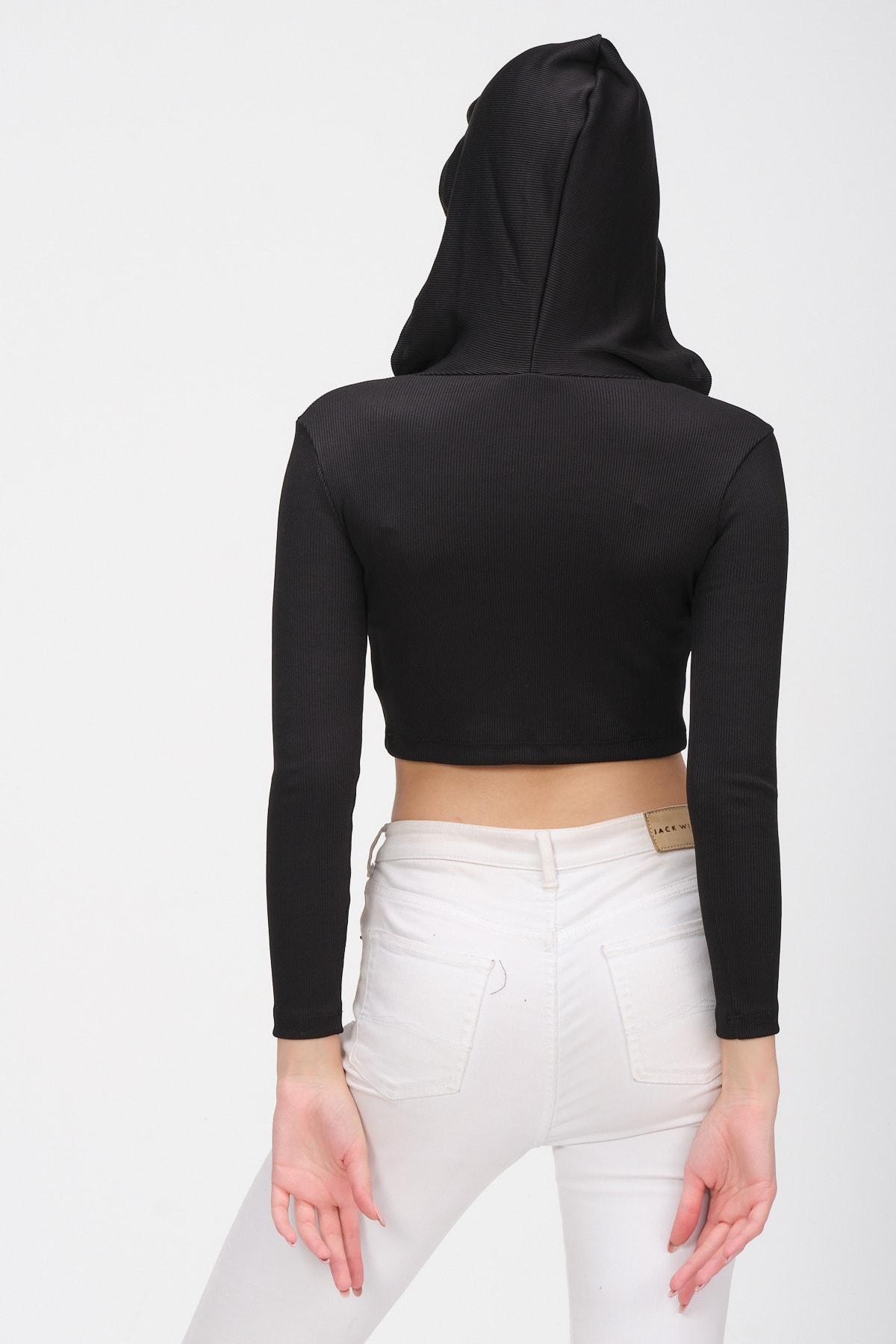 Kadın Siyah Kapüşonlu Kısa Crop Bluz