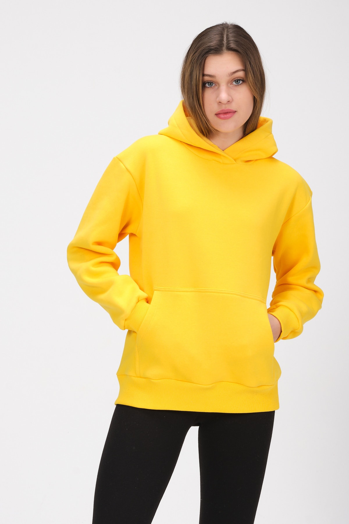 Kadın Sarı Kapüşonlu Içi Polarlı Kanguru Cep Oversize Sweatshirt