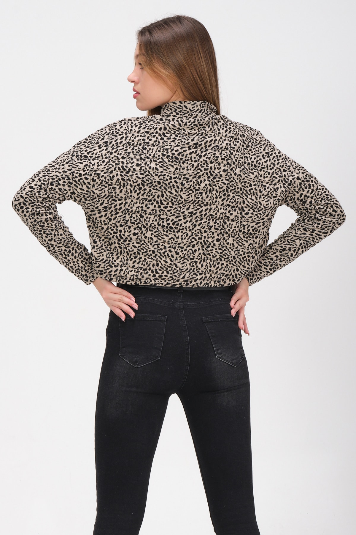 Kadın Leopar Kare Dikiş Detaylı Dik Yaka Bluz