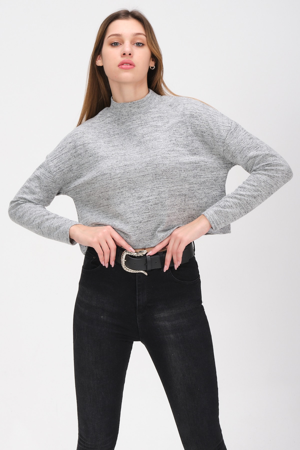 Kadın Leopar Kare Dikiş Detaylı Dik Yaka Bluz