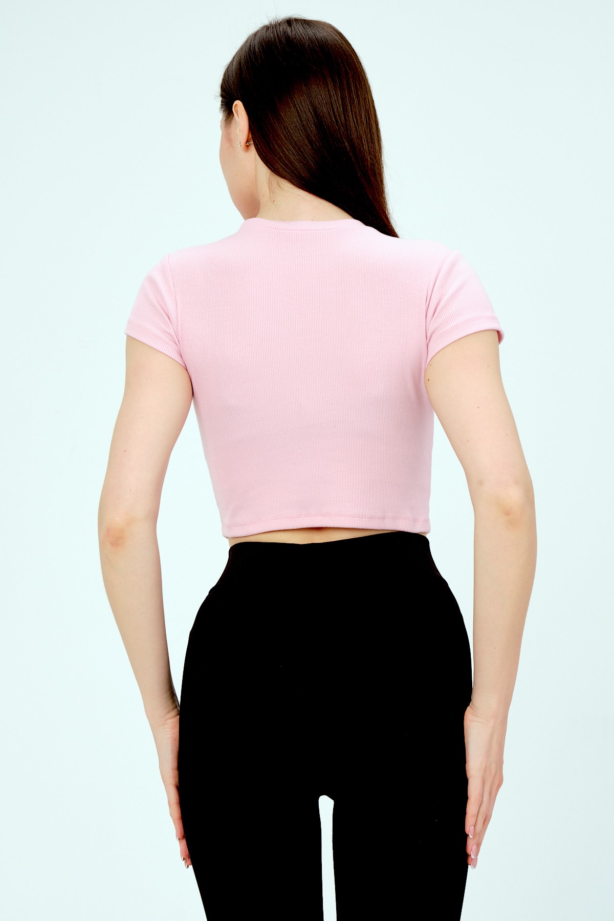 Kadın Bej Bisiklet Yaka Kısa Kollu Crop Basic Bluz