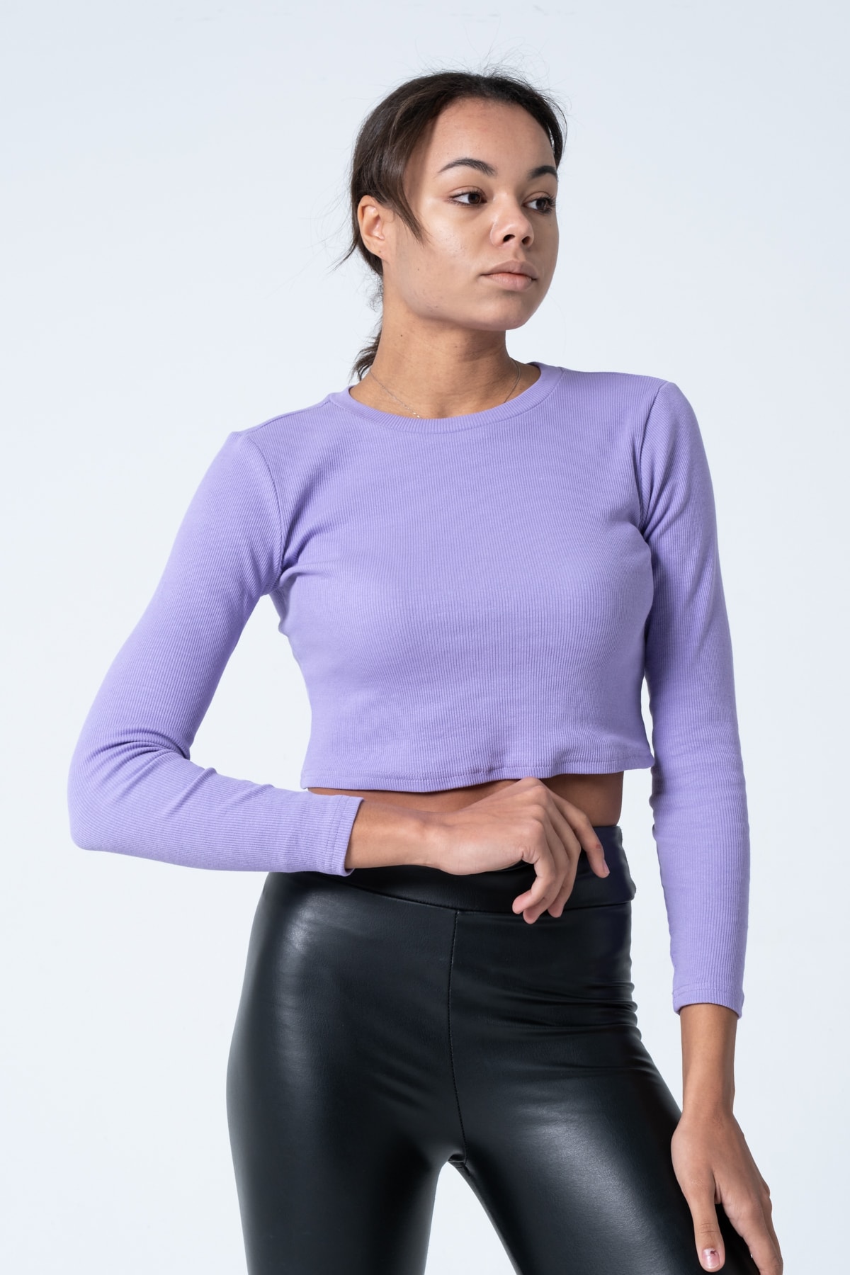 Kadın Vizon Uzun Kollu Fitilli Bluz Crop Örme T-shirt