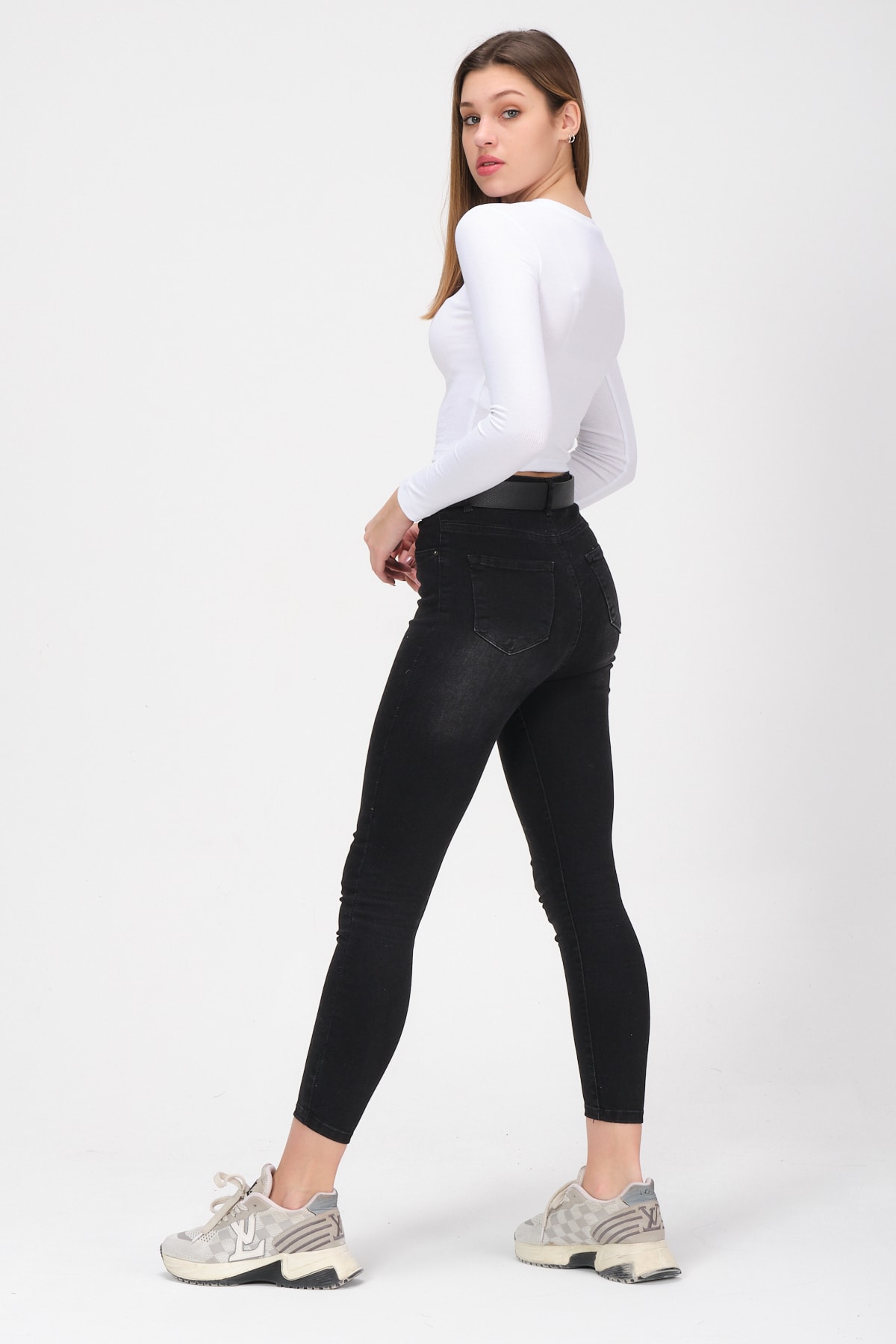 Kadın Vizon Uzun Kollu Fitilli Bluz Crop Örme T-shirt