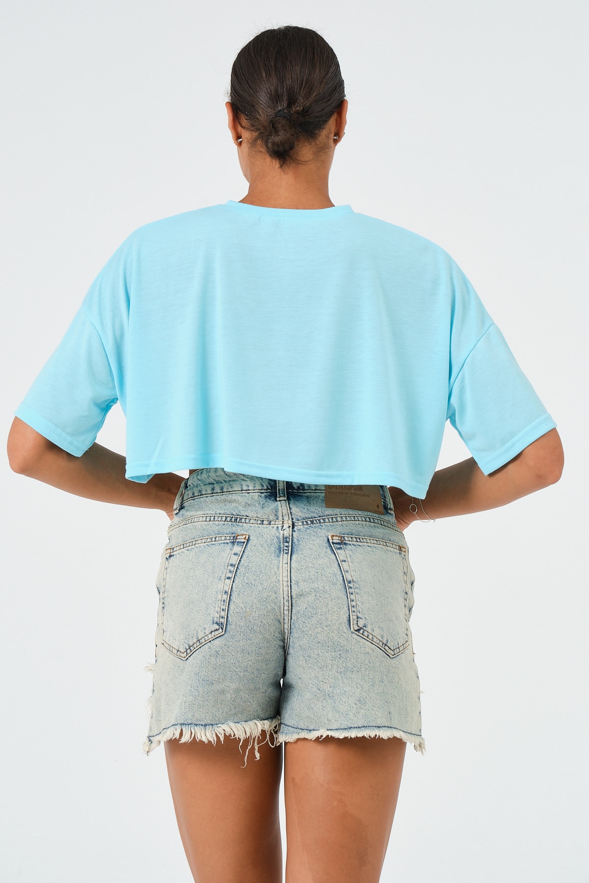 Kadın Mavi Oversize Crop T-Shirt