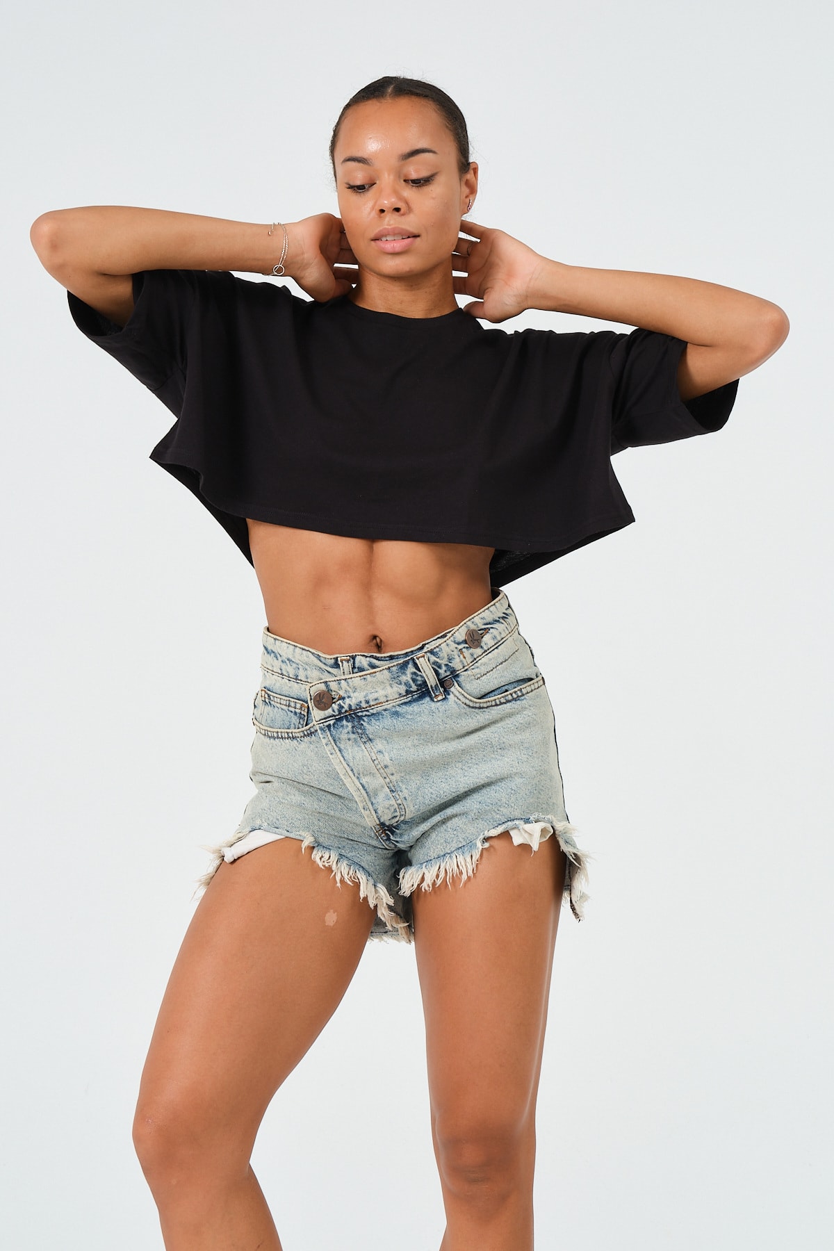 Kadın Mavi Oversize Crop T-Shirt