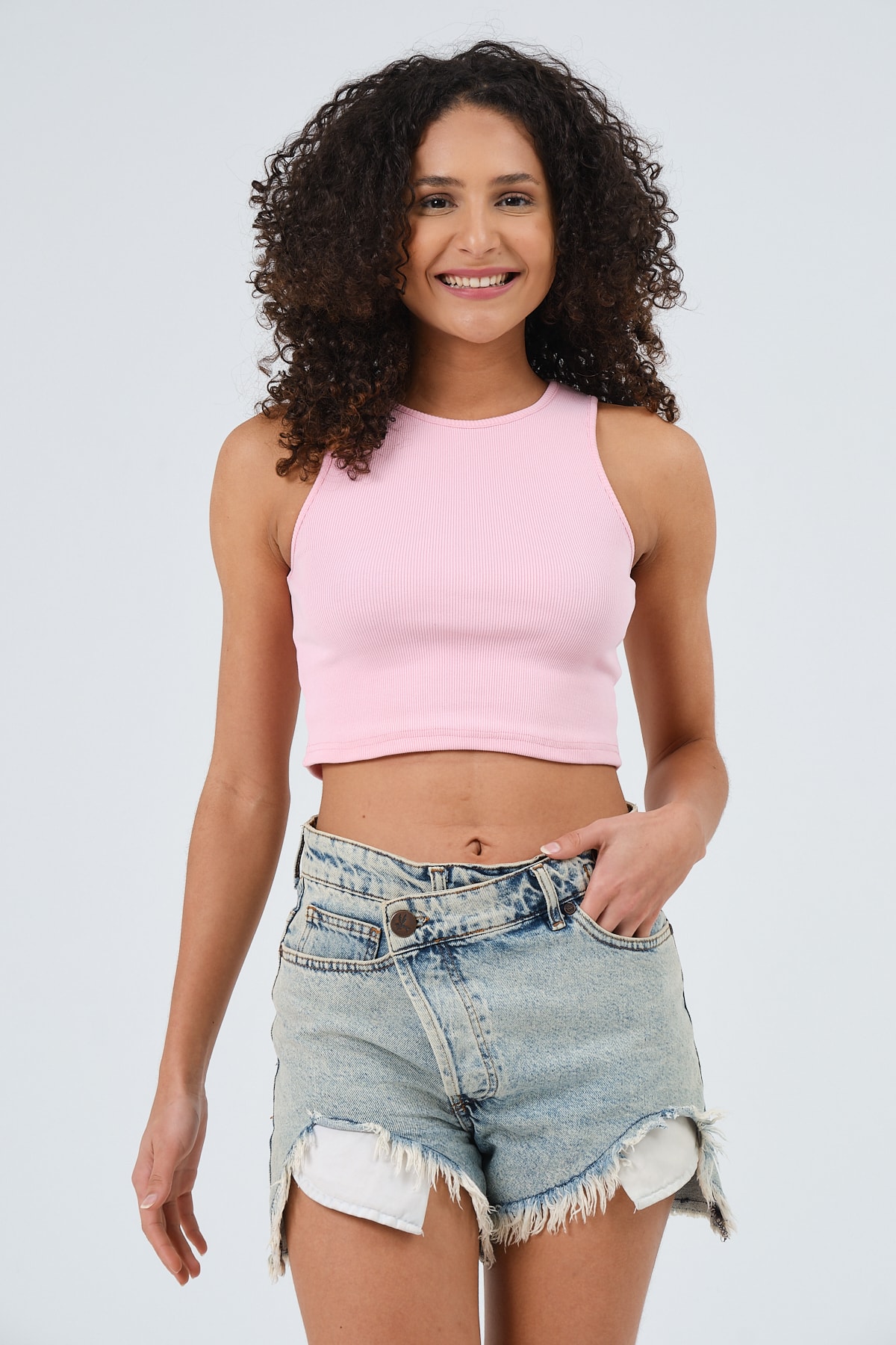 Kadın Pembe Bisiklet Yaka Crop Top Kolsuz Kaşkorse T-shirt