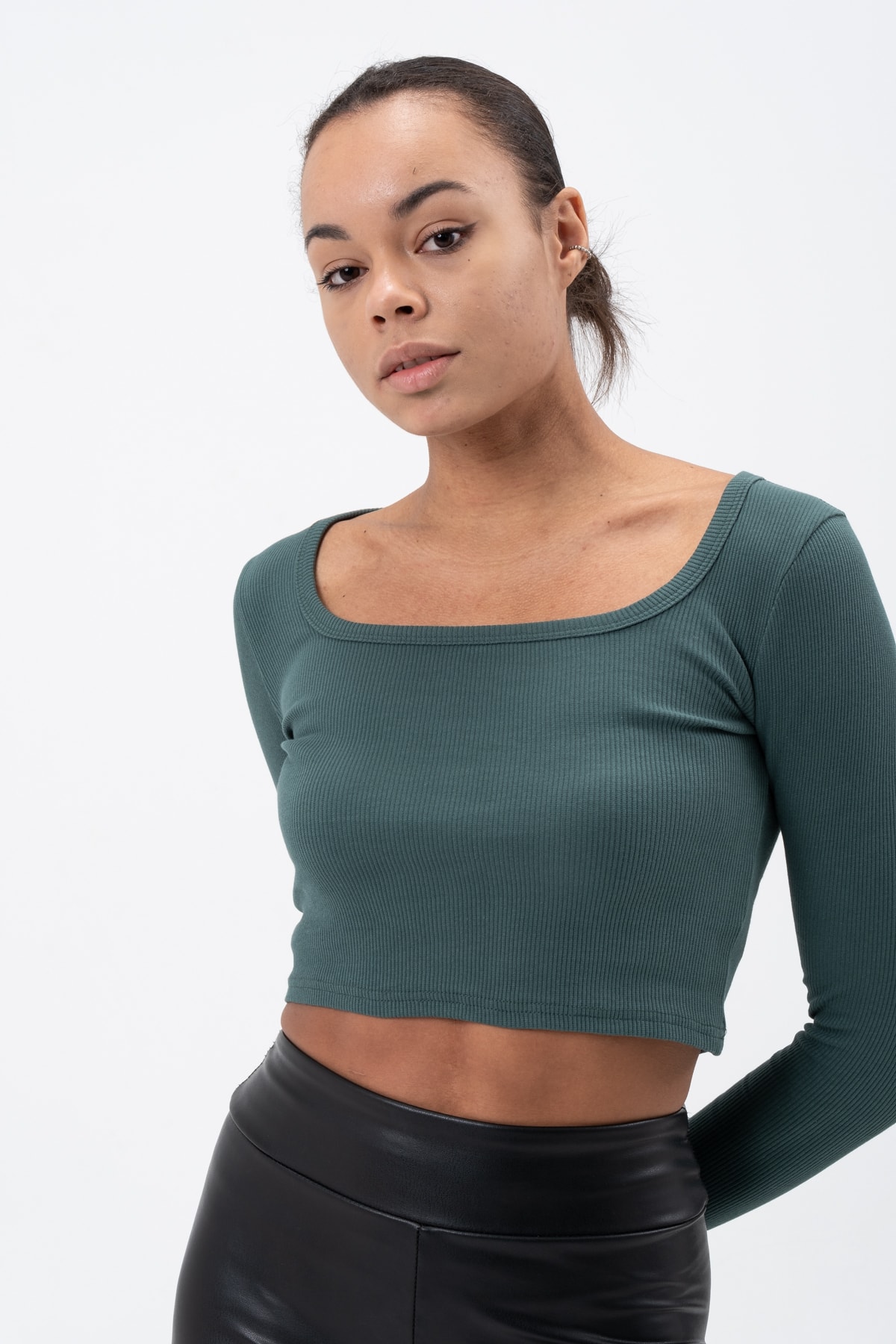 Kadın Gül Kurusu Uzun Kollu Kare Yaka Fitilli Bluz