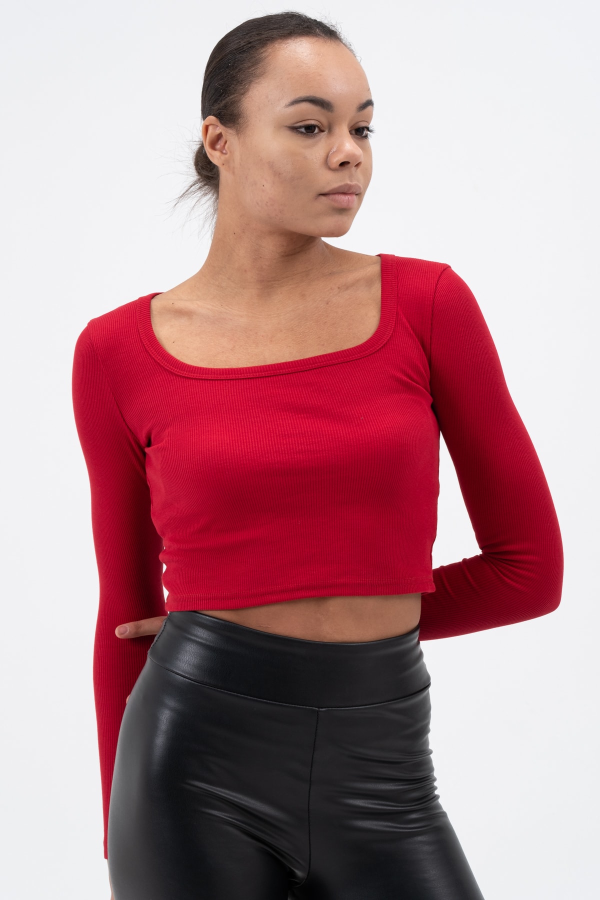 Kadın Gül Kurusu Uzun Kollu Kare Yaka Fitilli Bluz