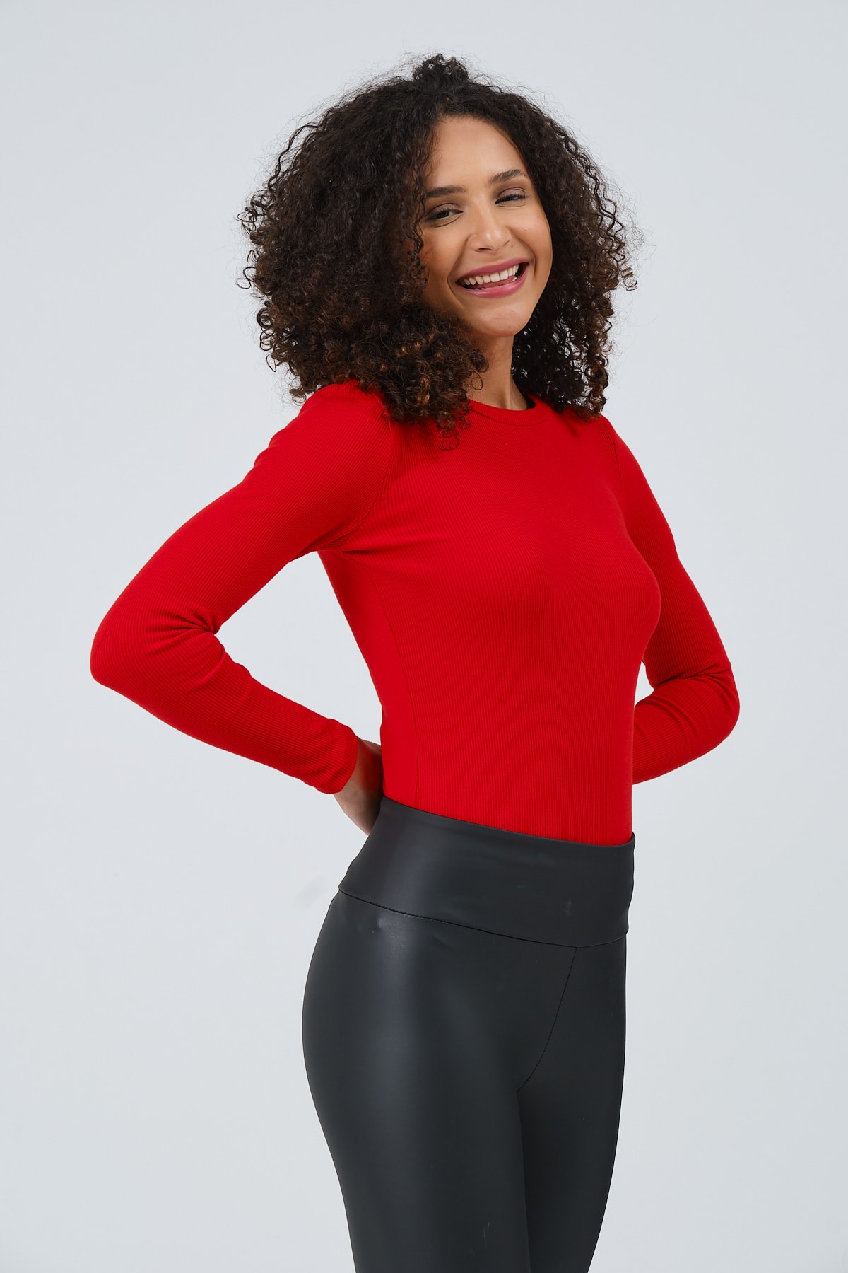 Kadın Gri Uzun Kollu Bisiklet Yaka Tam Boy Örme Bluz