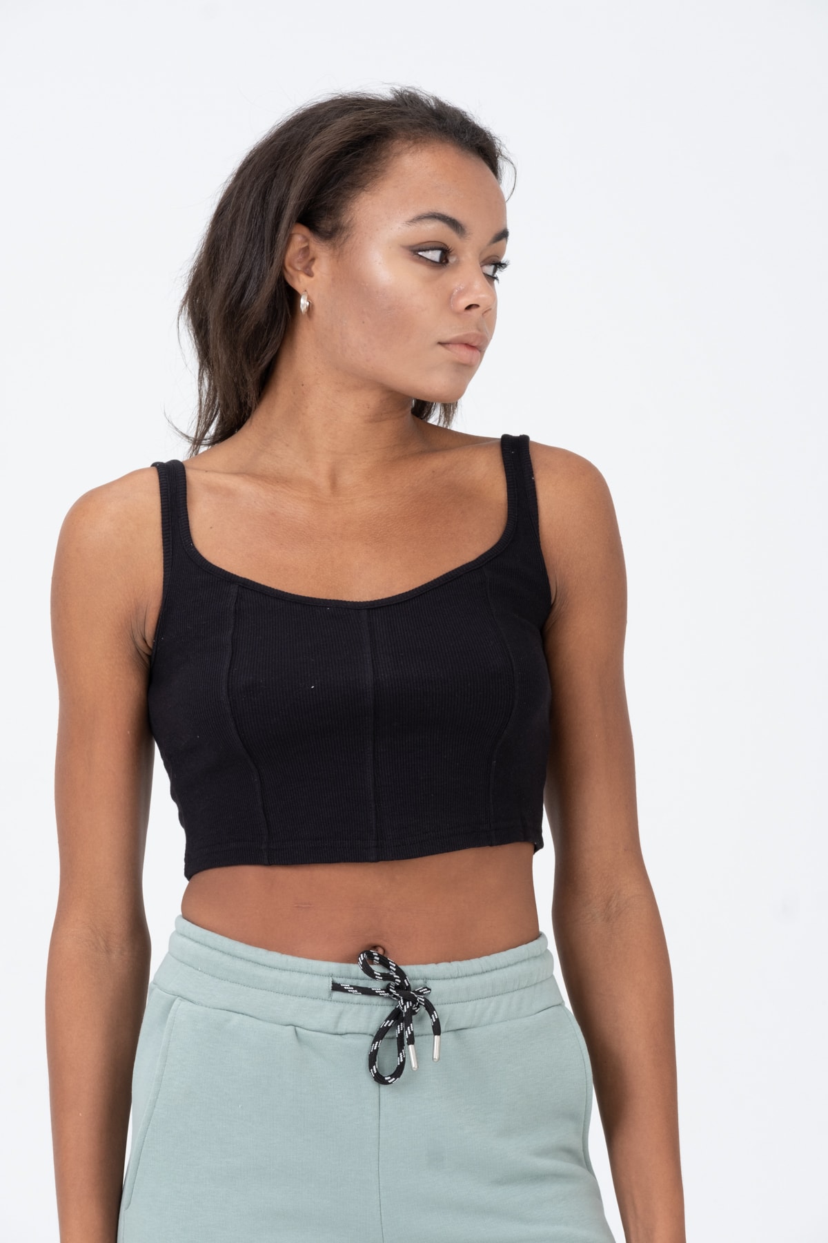 Kadın Yeşil Kalın Askılı Crop Bluz