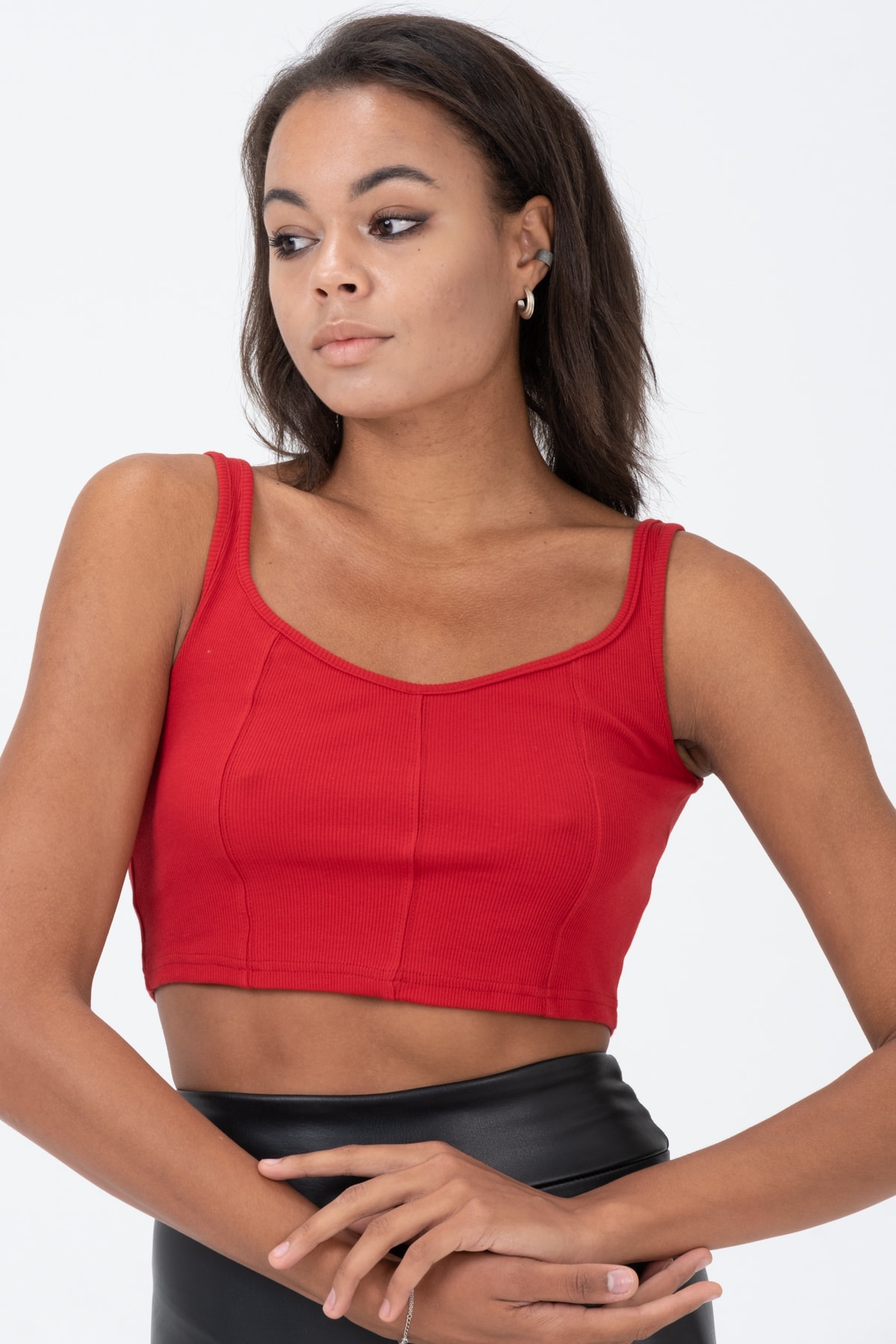 Kadın Yeşil Kalın Askılı Crop Bluz