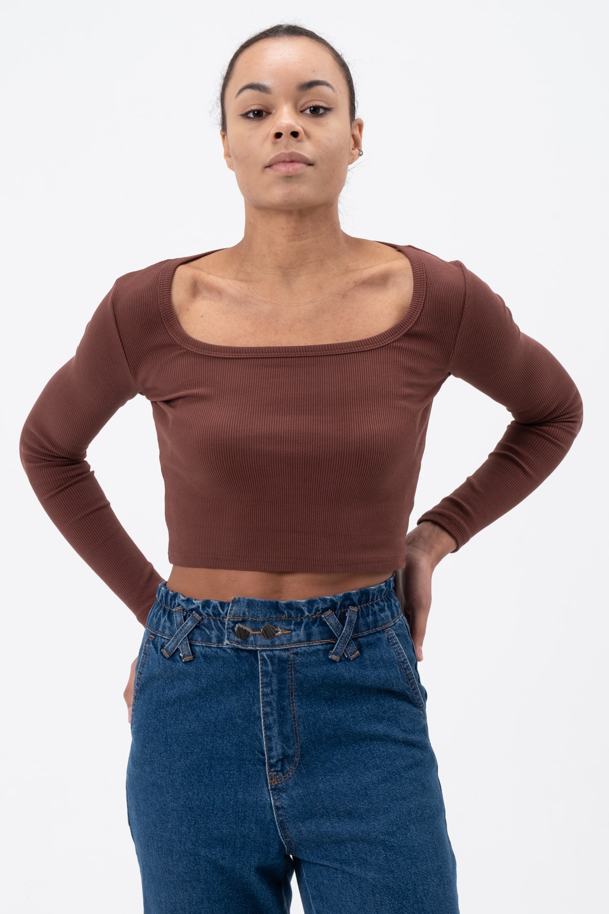 Kadın Gül Kurusu Uzun Kollu Kare Yaka Fitilli Bluz