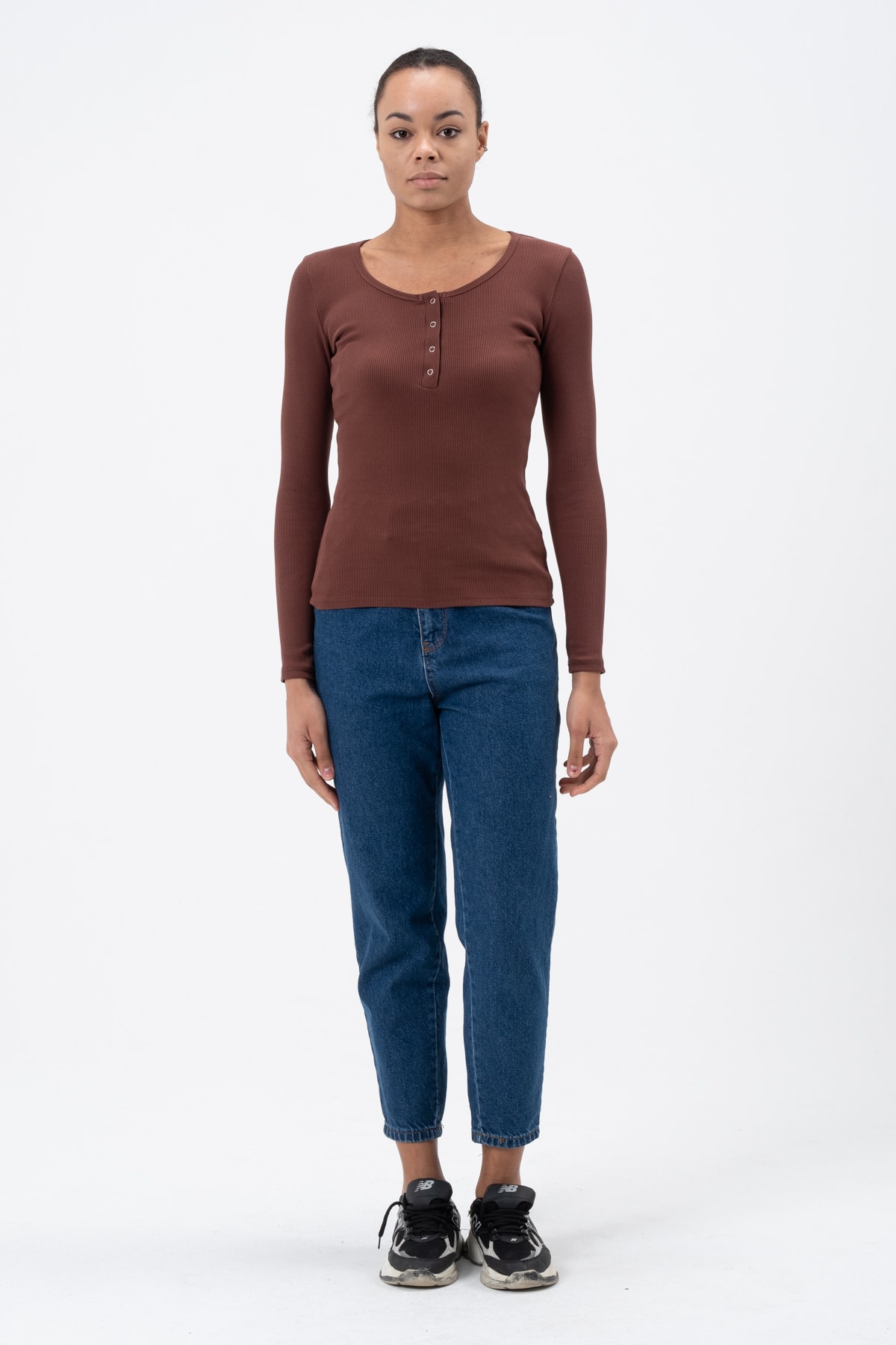 Kadın Kahverengi Çıtçıtlı Örme Uzun Kollu Bluz