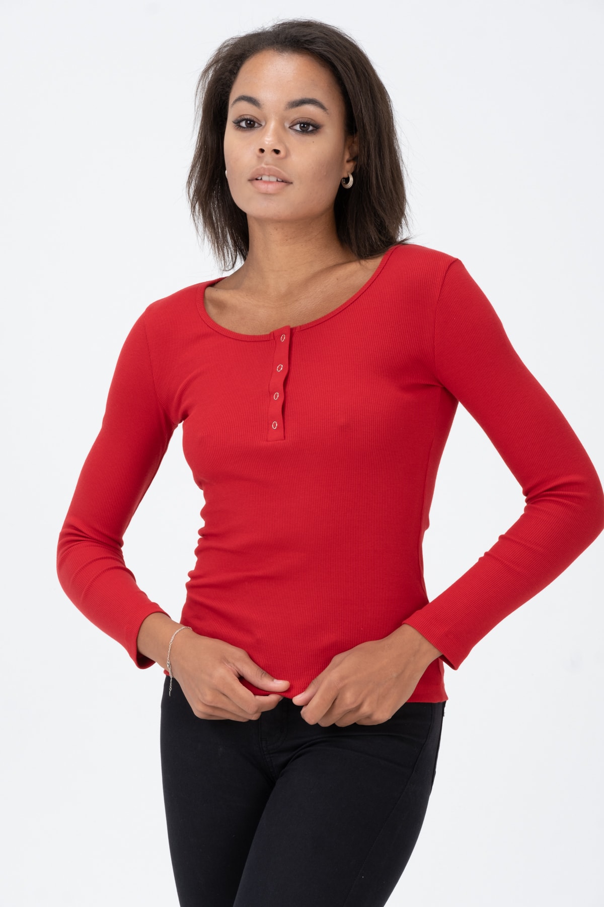 Kadın Kahverengi Çıtçıtlı Örme Uzun Kollu Bluz