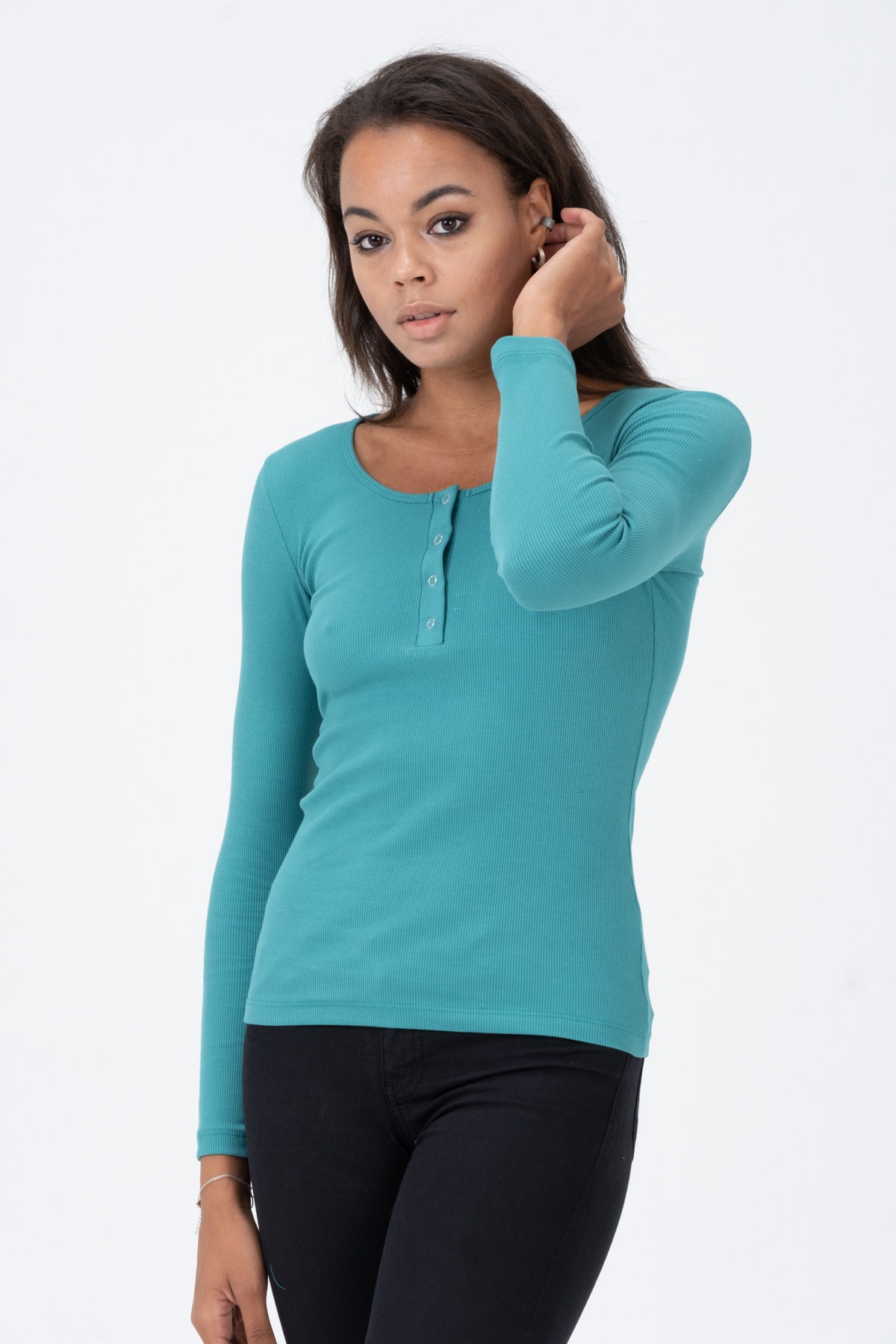 Kadın Kahverengi Çıtçıtlı Örme Uzun Kollu Bluz