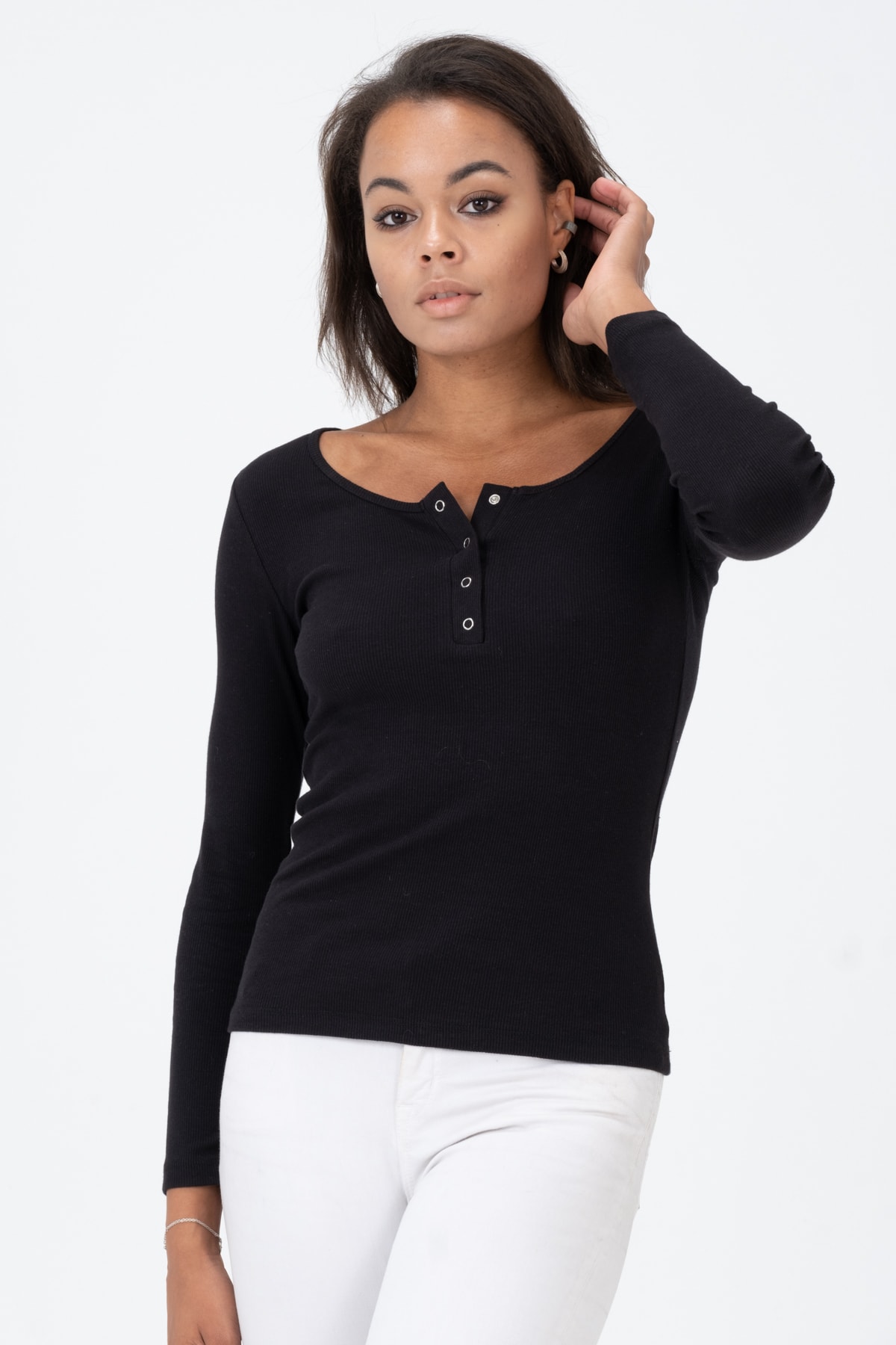 Kadın Kahverengi Çıtçıtlı Örme Uzun Kollu Bluz