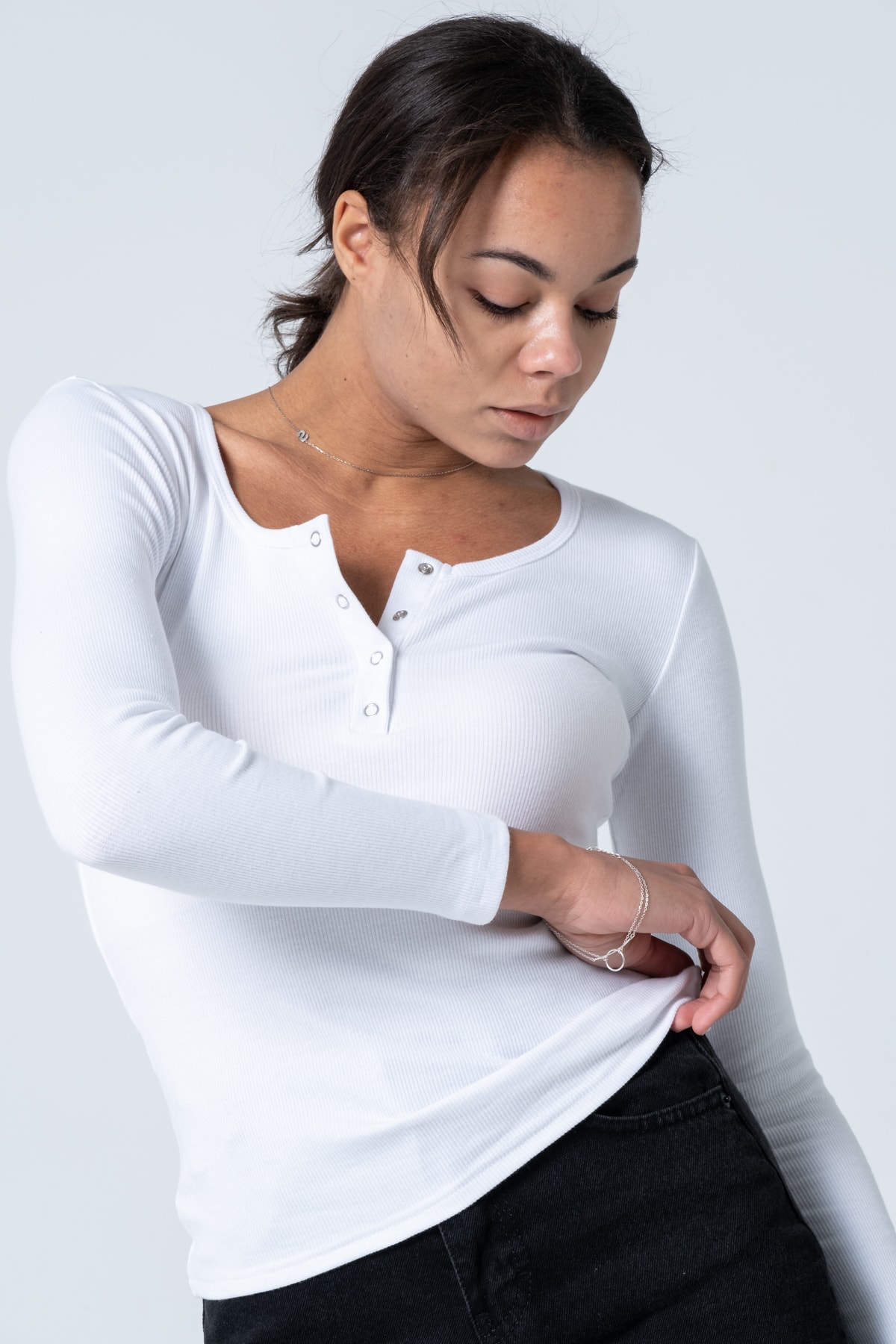 Kadın Kahverengi Çıtçıtlı Örme Uzun Kollu Bluz