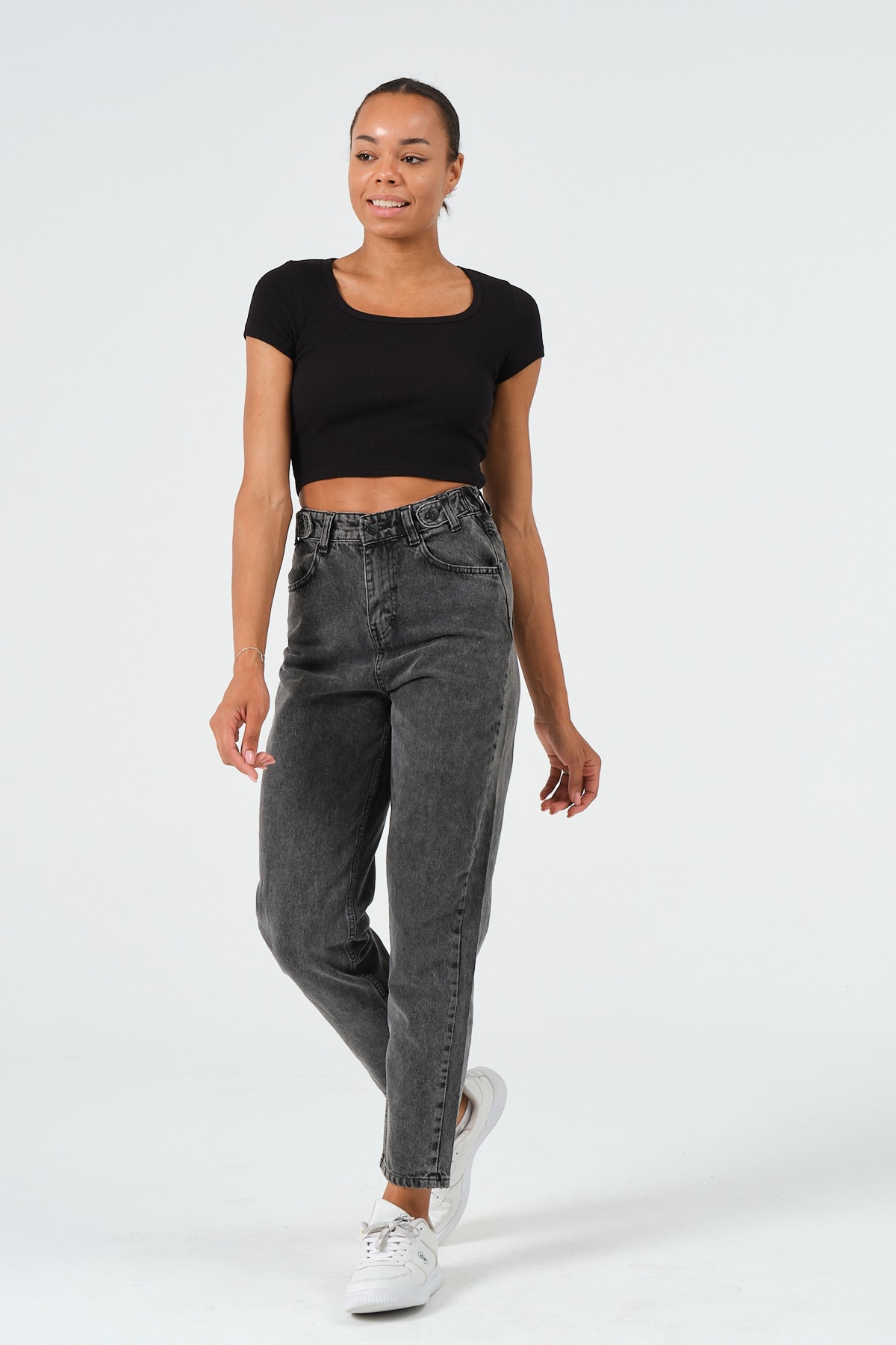 Kadın Sax Mavi U Yaka Kısa Kollu Crop Bluz