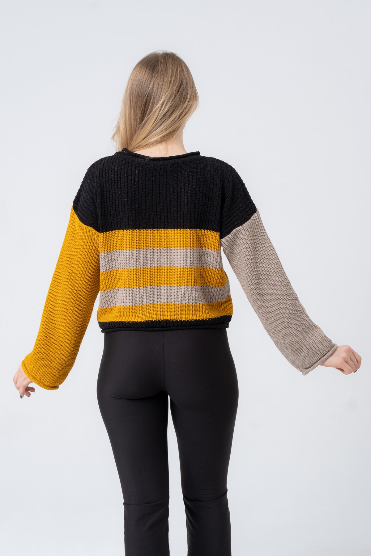 Kadın Bisiklet Yaka Çizgili Uzun Kollu Triko Kazak