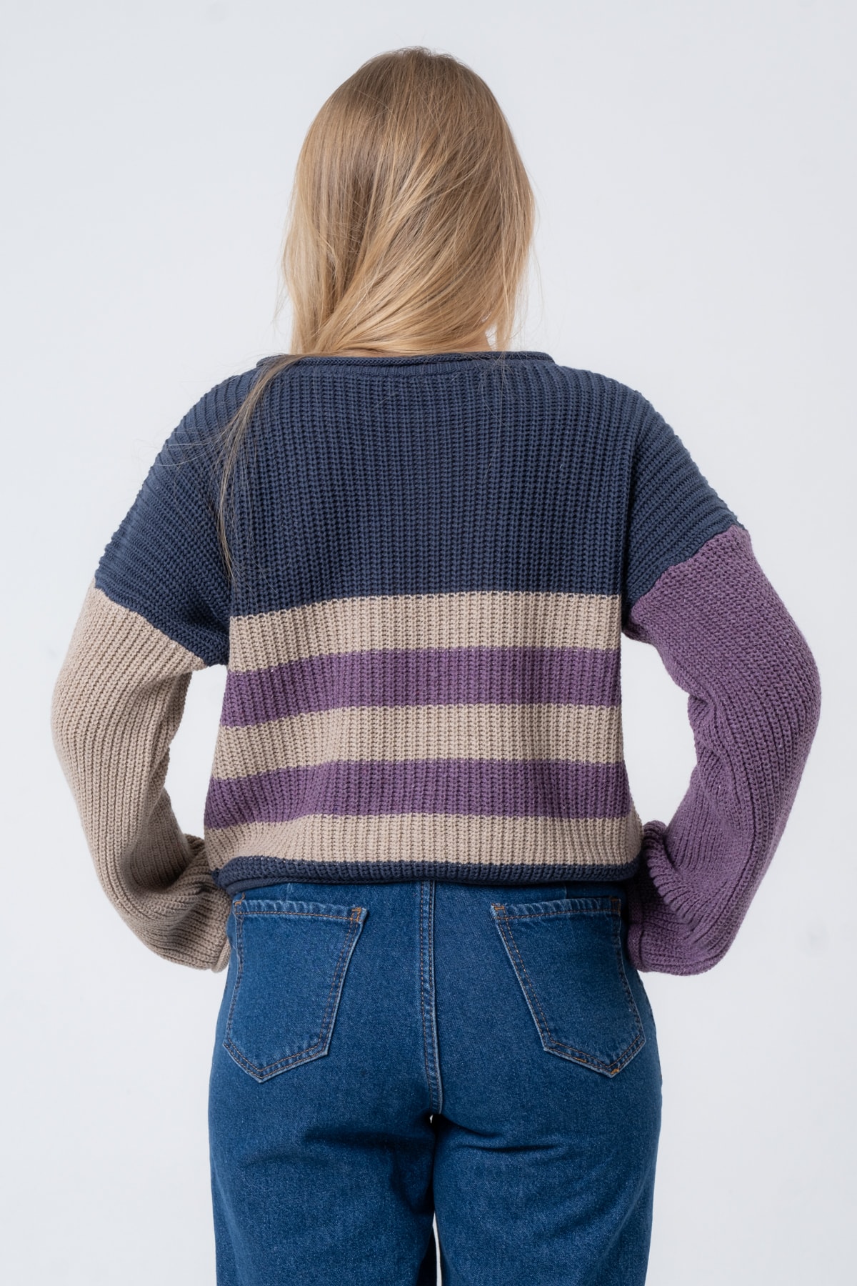 Kadın Bisiklet Yaka Çizgili Uzun Kollu Triko Kazak