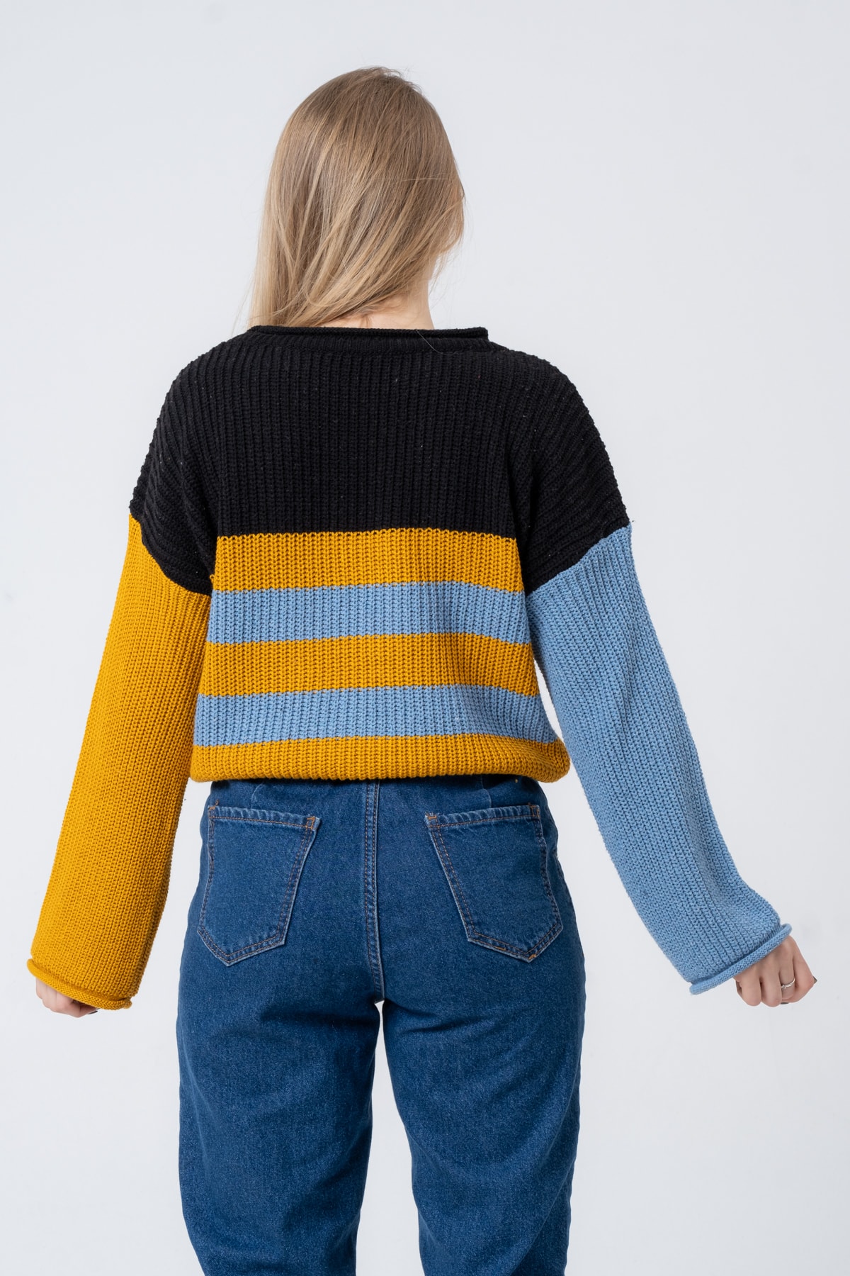 Kadın Bisiklet Yaka Çizgili Uzun Kollu Triko Kazak