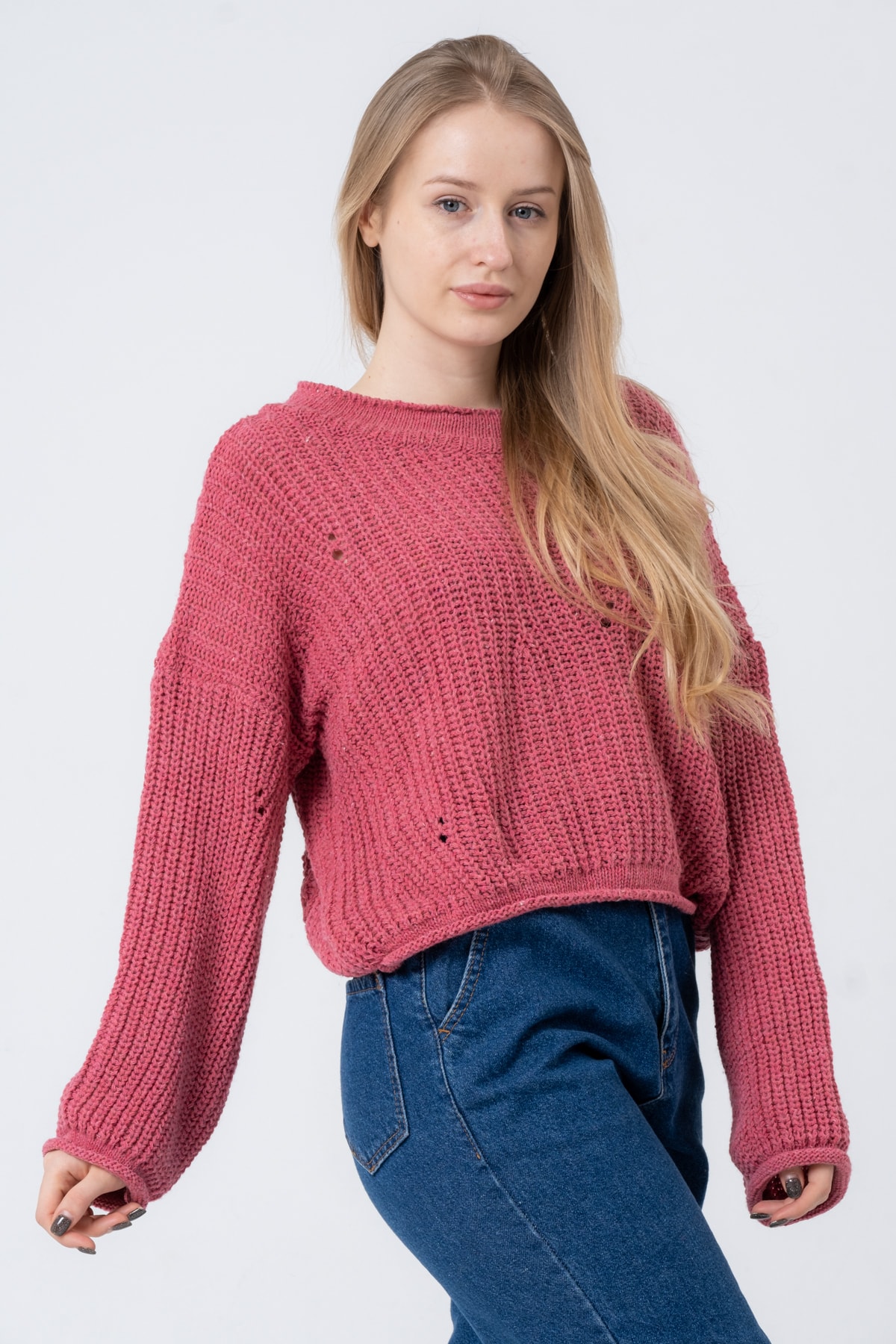 Kadın Pembe Geniş Uzun Kollu Triko Kazak