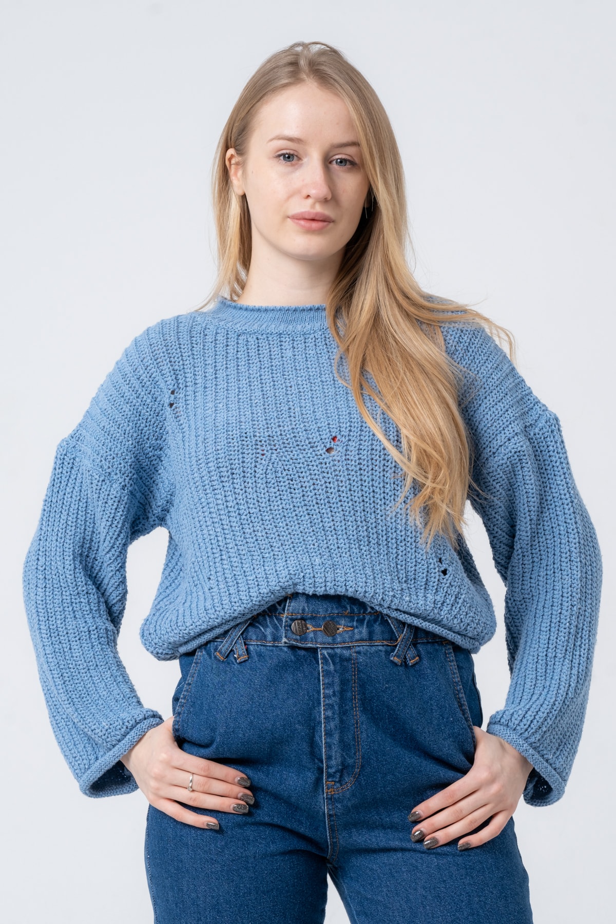 Kadın Pembe Geniş Uzun Kollu Triko Kazak