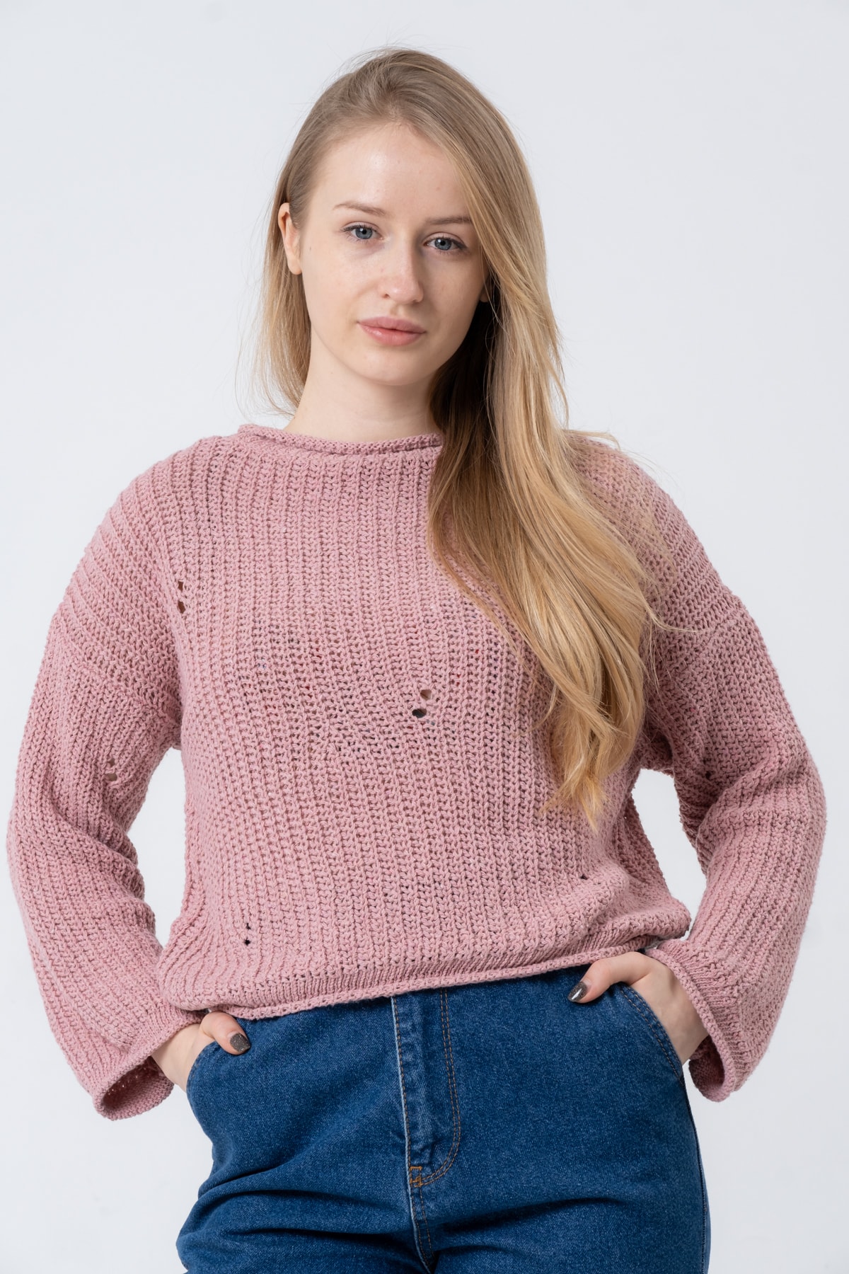 Kadın Pembe Geniş Uzun Kollu Triko Kazak