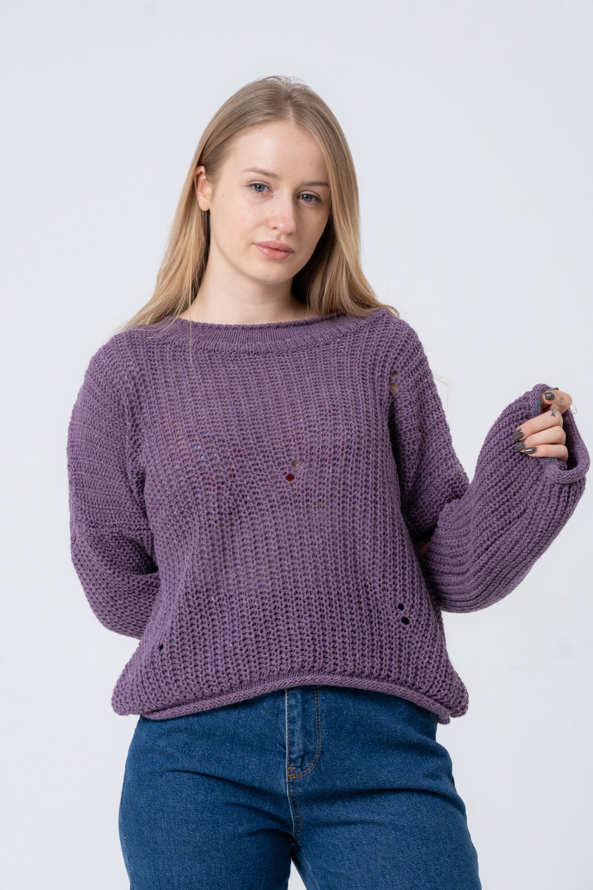 Kadın Pembe Geniş Uzun Kollu Triko Kazak