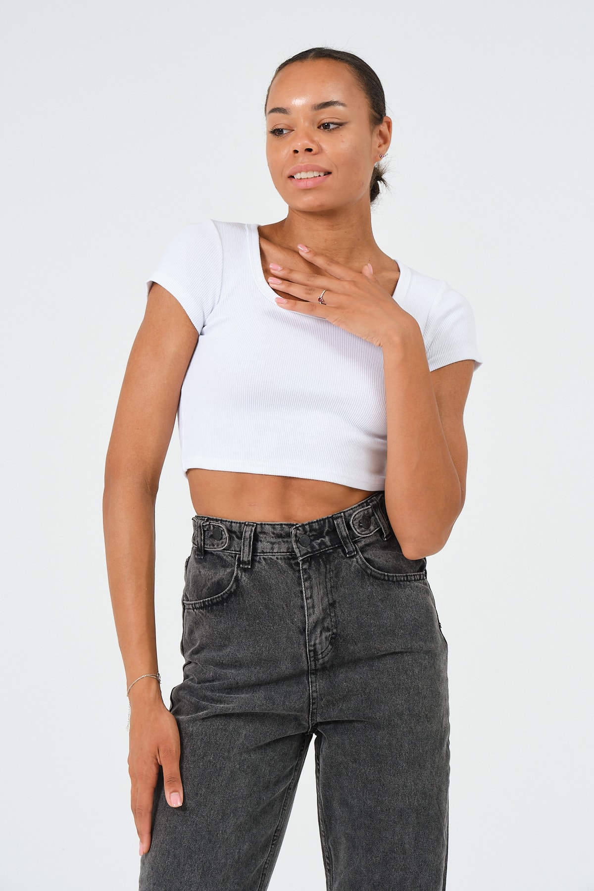 Kadın Sax Mavi U Yaka Kısa Kollu Crop Bluz