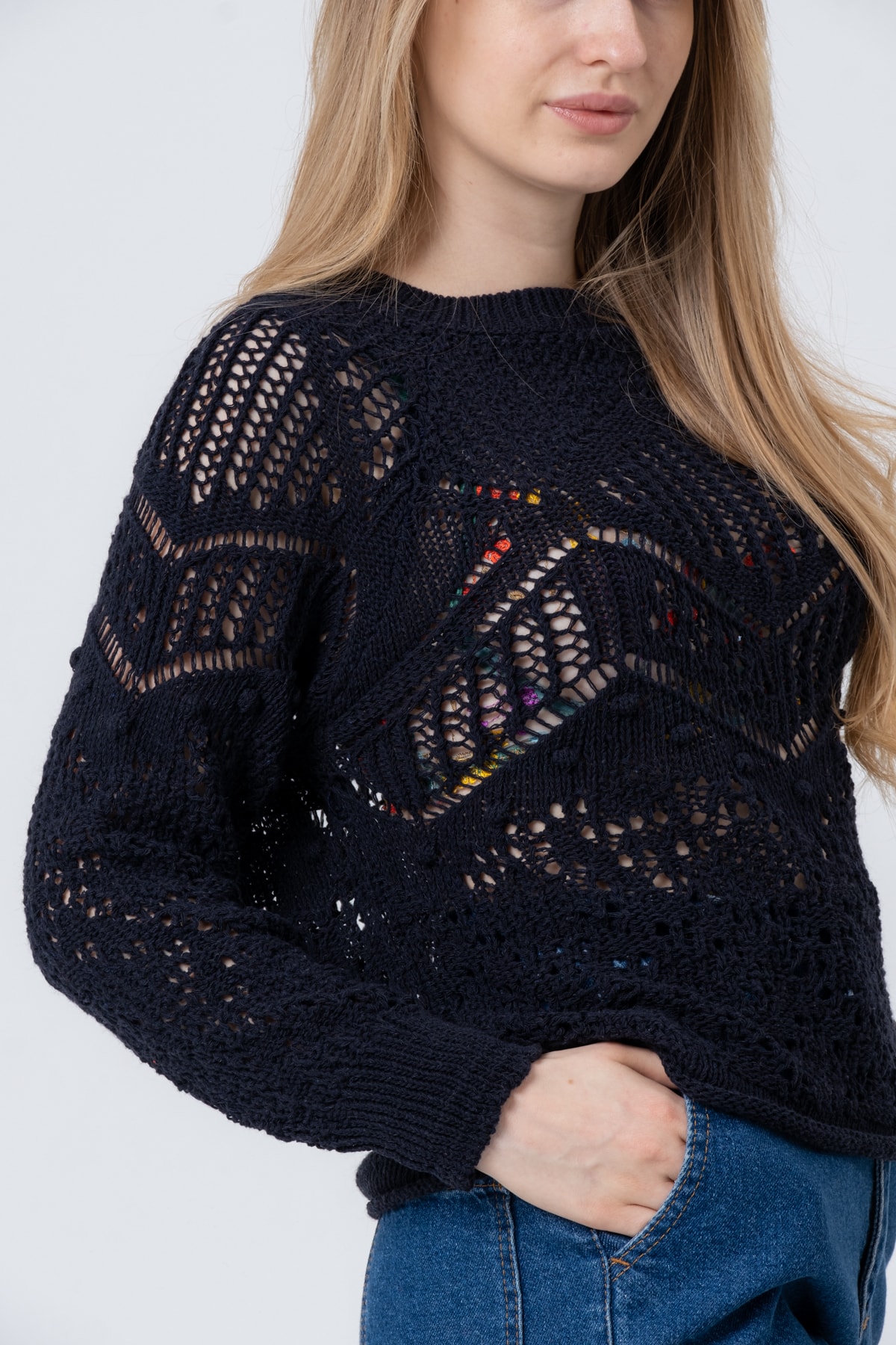 Kadın Antrasit Ajurlu Uzun Kollu Triko Kazak