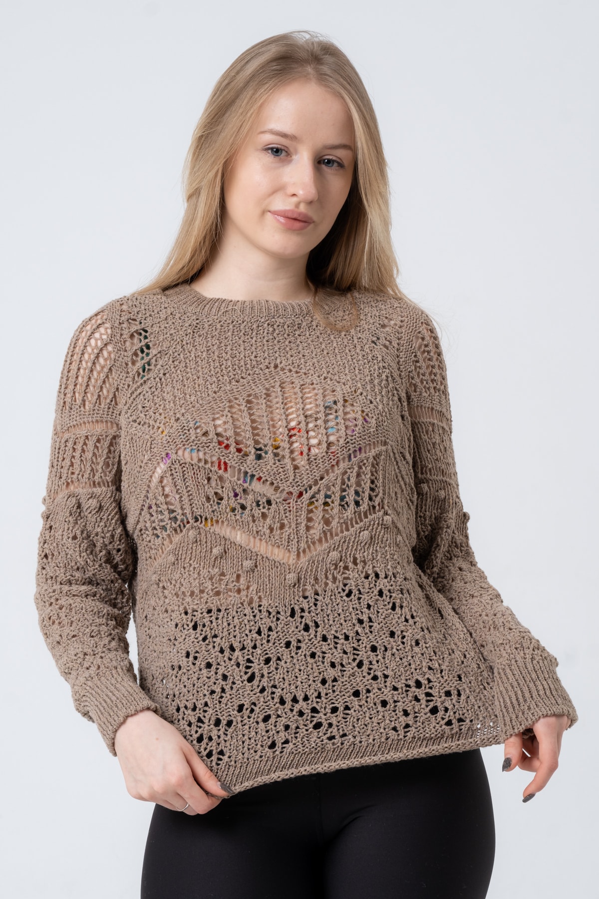 Kadın Antrasit Ajurlu Uzun Kollu Triko Kazak