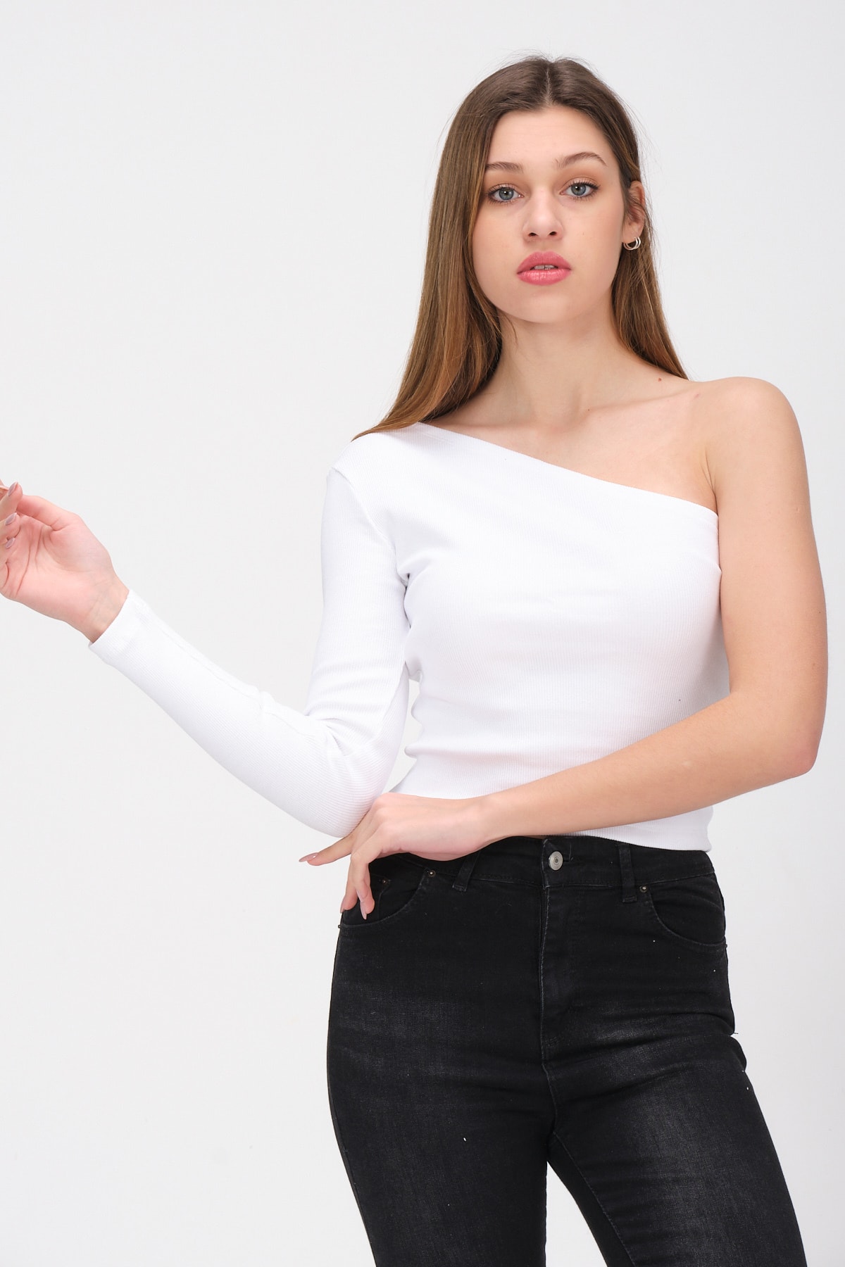 Kadın Kırmızı Tek Kollu Örme Bluz