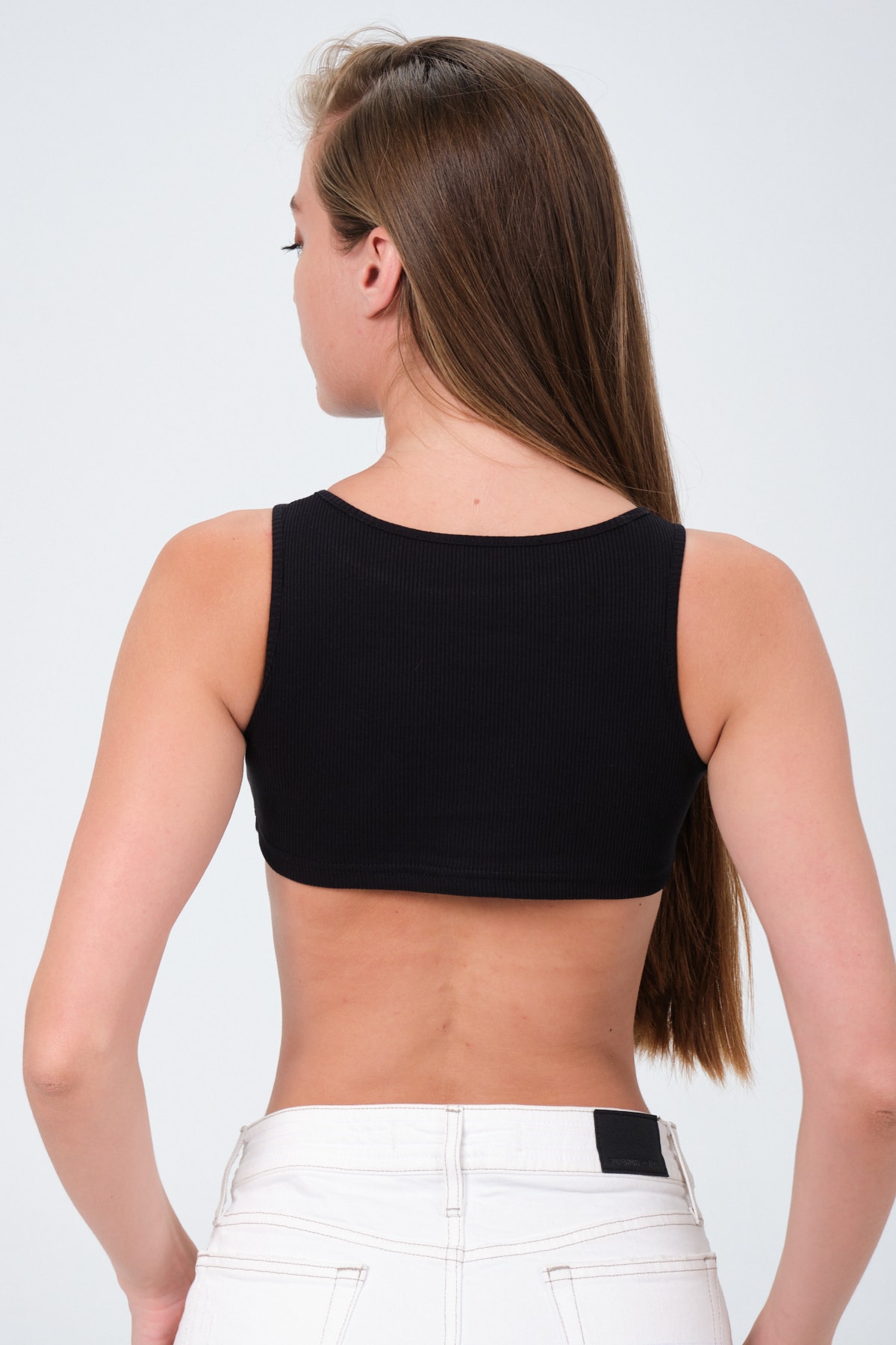 Kadın Mint Kolsuz Önü Oval Crop Bluz