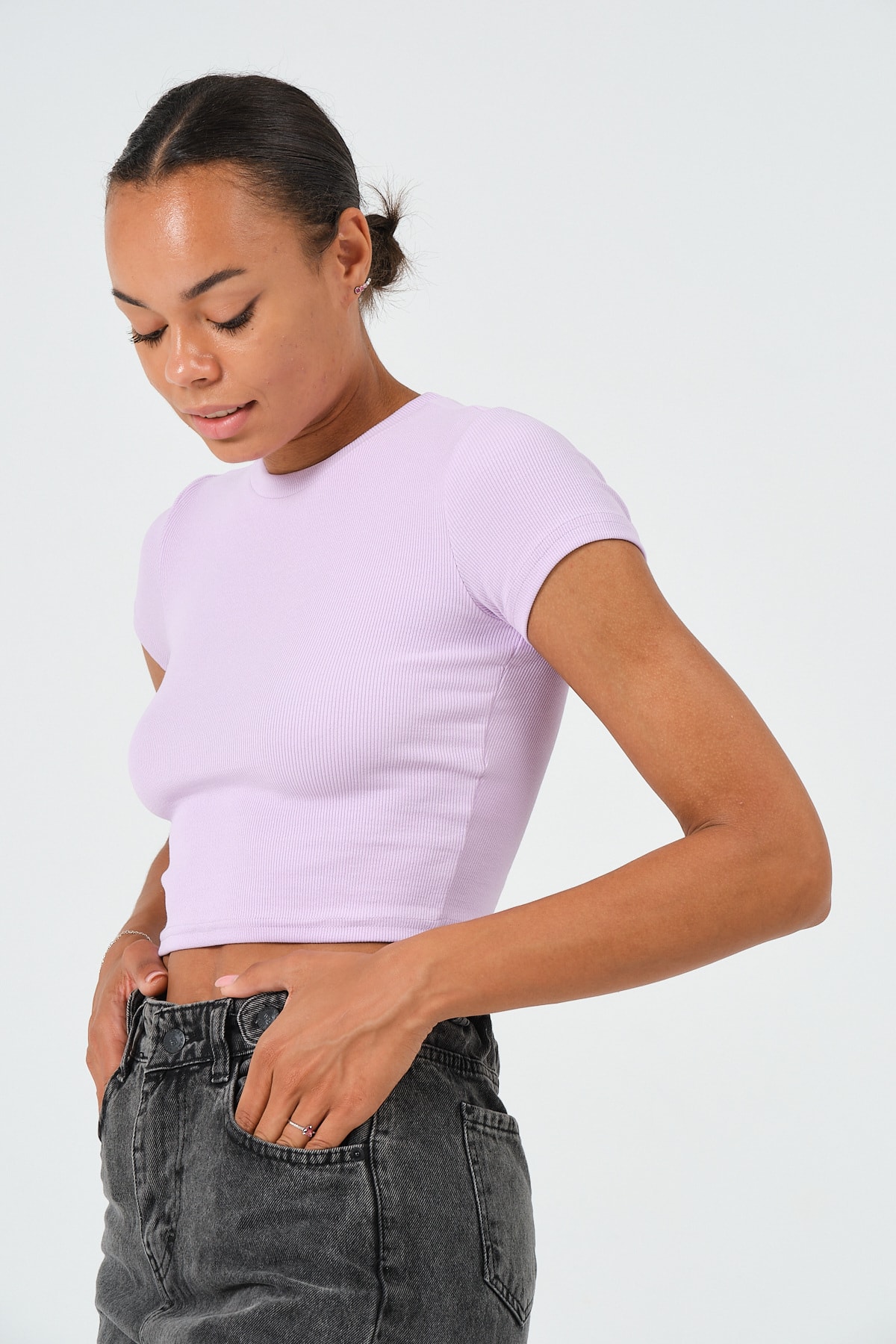 Kadın Bej Bisiklet Yaka Kısa Kollu Crop Basic Bluz