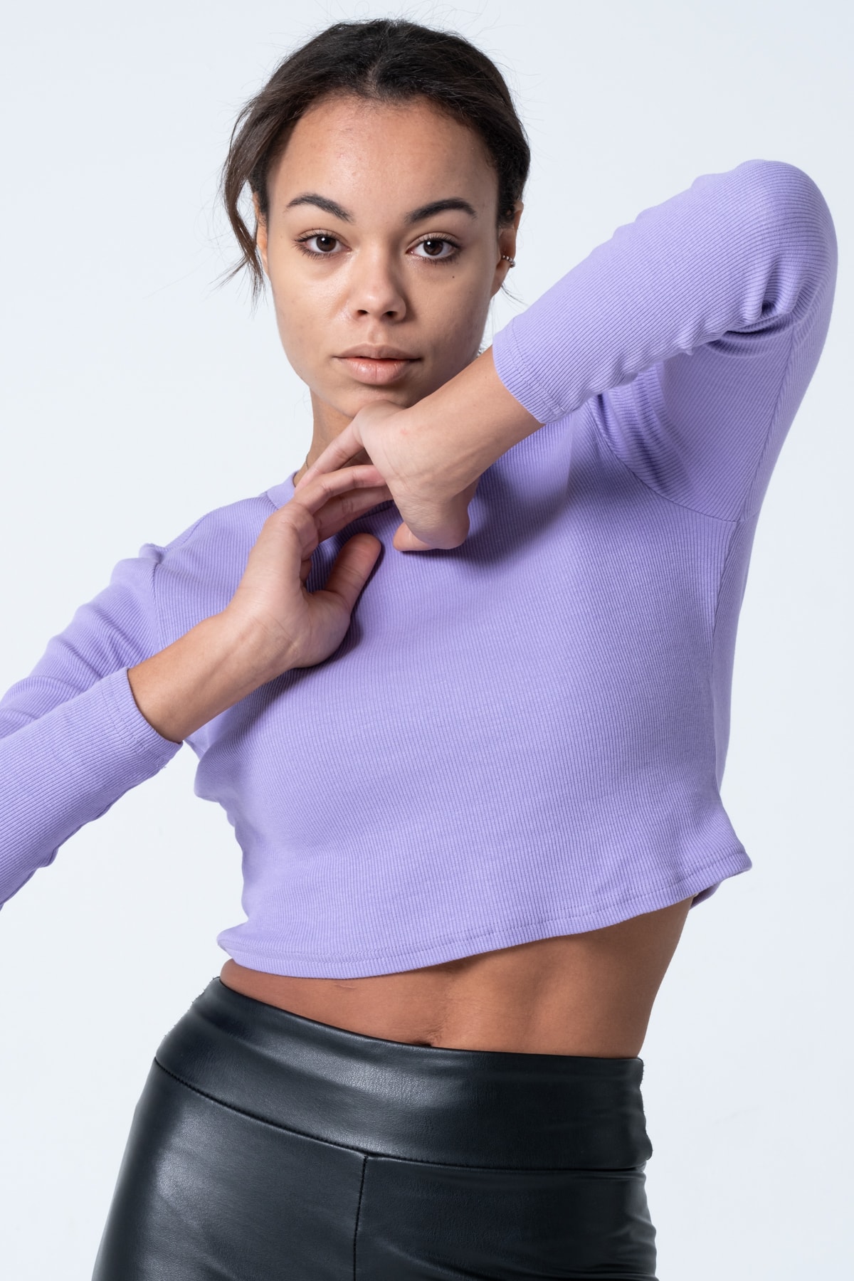 Kadın Vizon Uzun Kollu Fitilli Bluz Crop Örme T-shirt