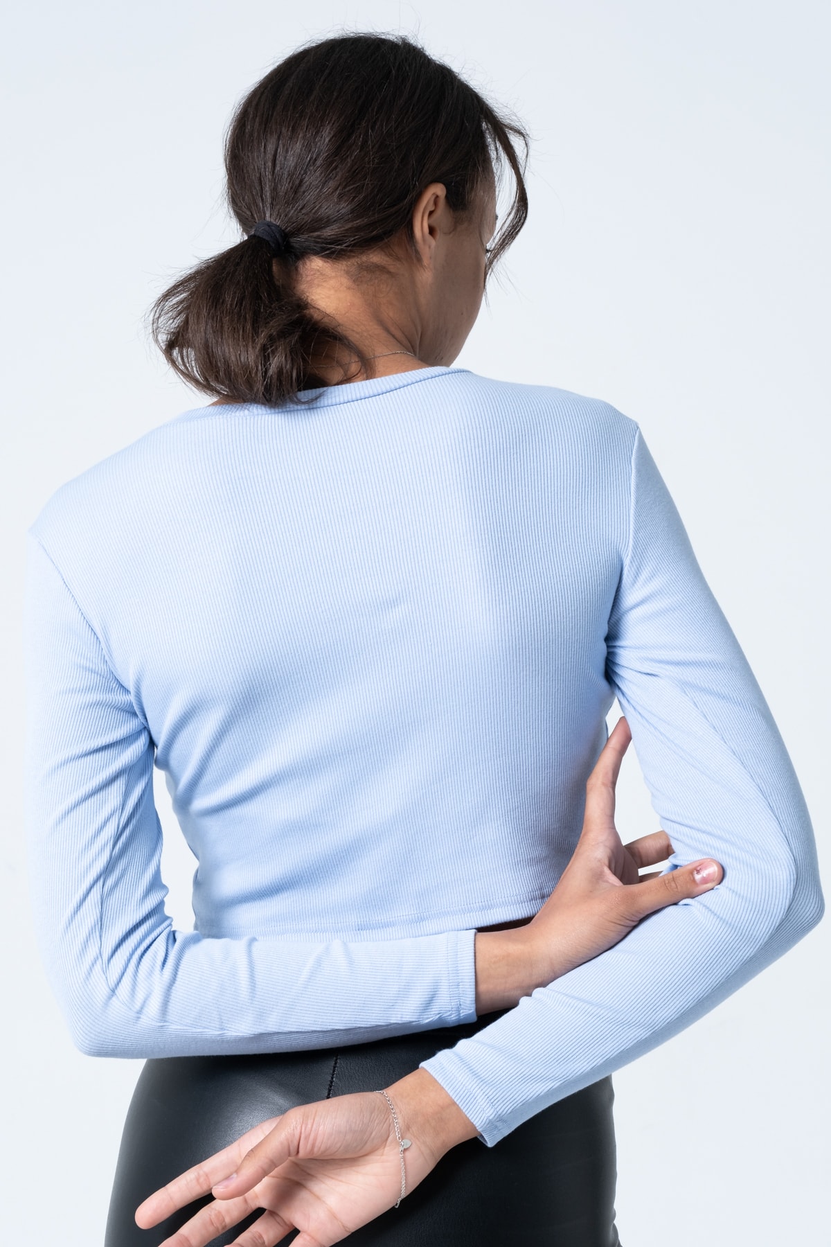 Kadın Vizon Uzun Kollu Fitilli Bluz Crop Örme T-shirt