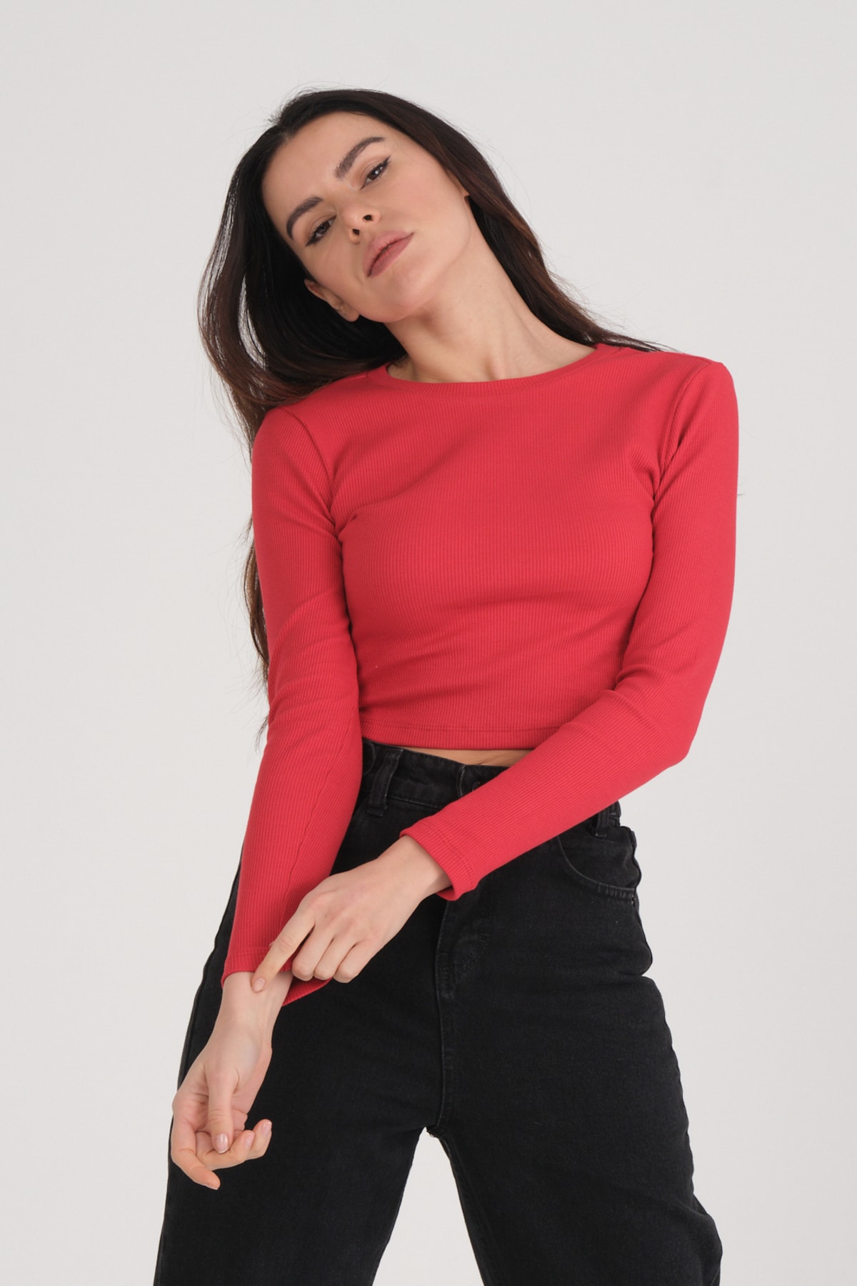 Kadın Vizon Uzun Kollu Fitilli Bluz Crop Örme T-shirt