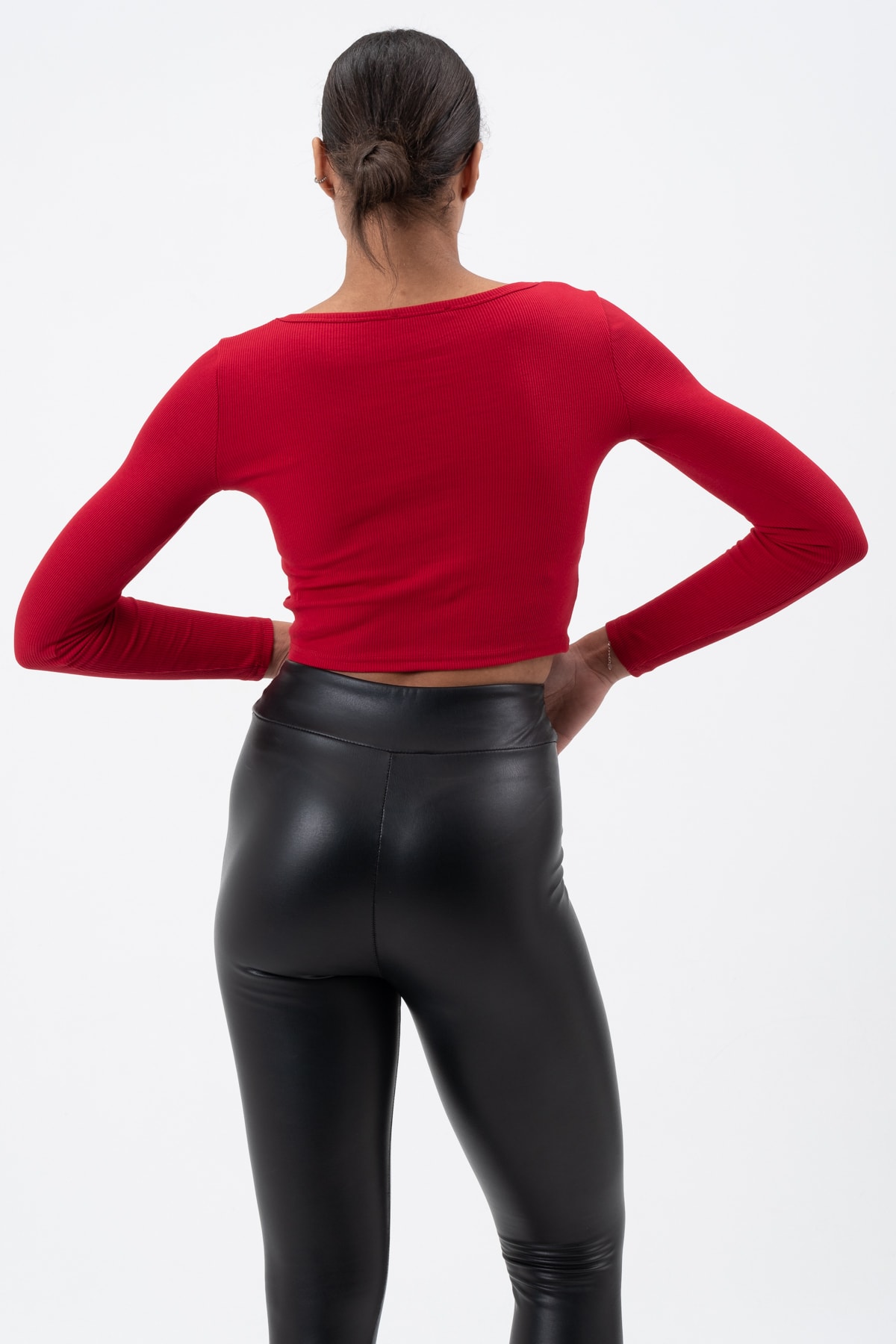 Kadın Gül Kurusu Uzun Kollu Kare Yaka Fitilli Bluz