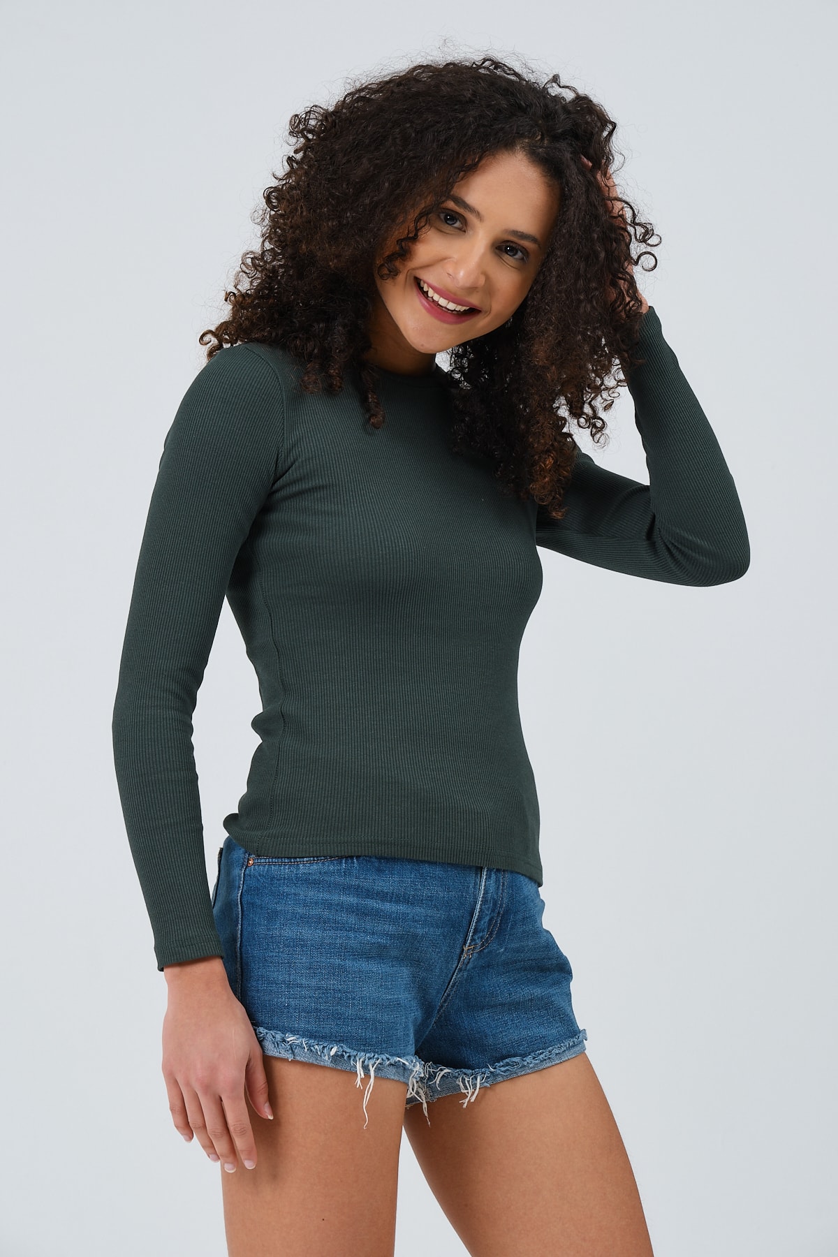 Kadın Gri Uzun Kollu Bisiklet Yaka Tam Boy Örme Bluz