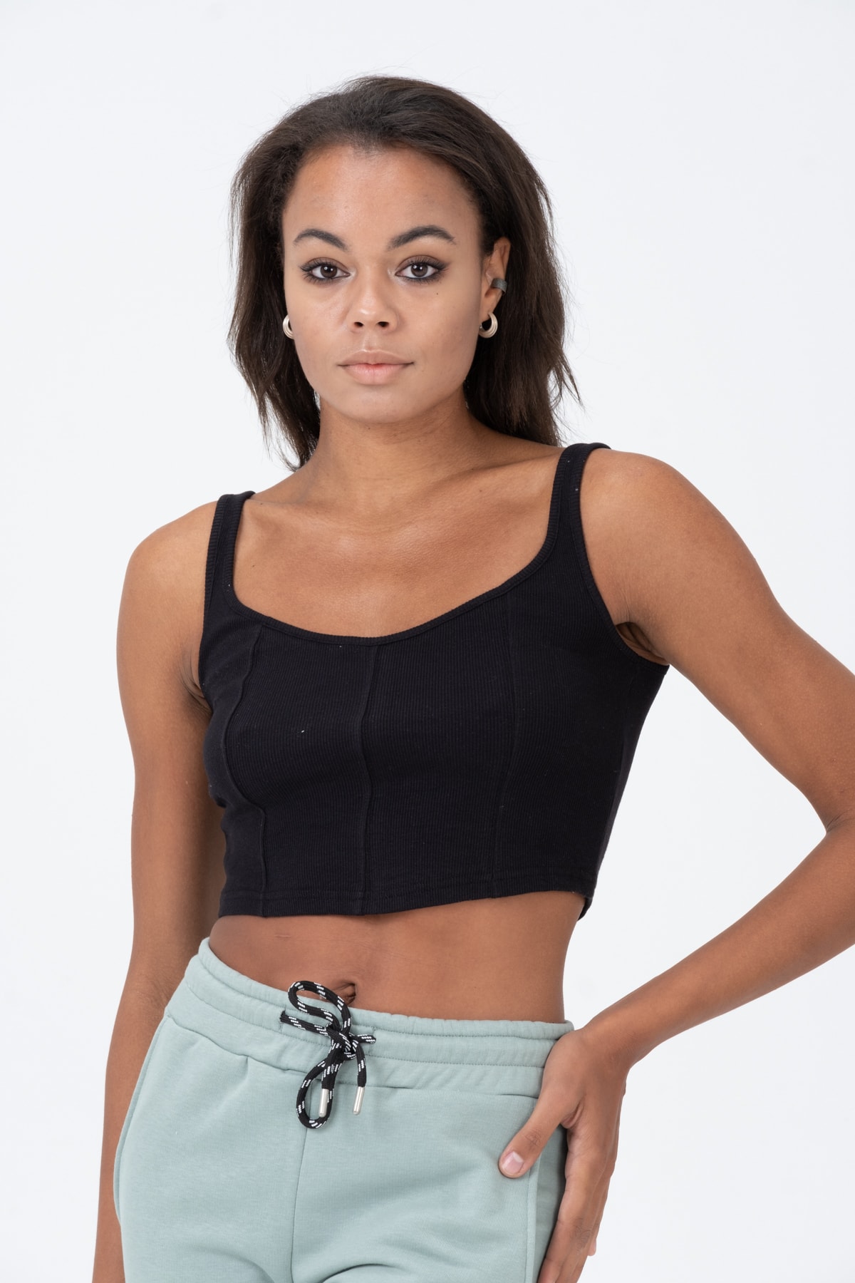 Kadın Yeşil Kalın Askılı Crop Bluz