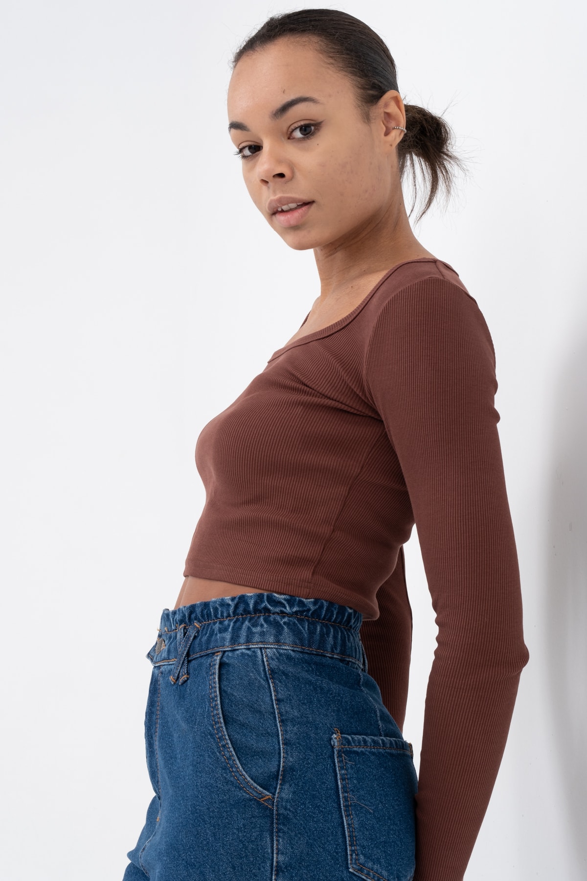 Kadın Gül Kurusu Uzun Kollu Kare Yaka Fitilli Bluz