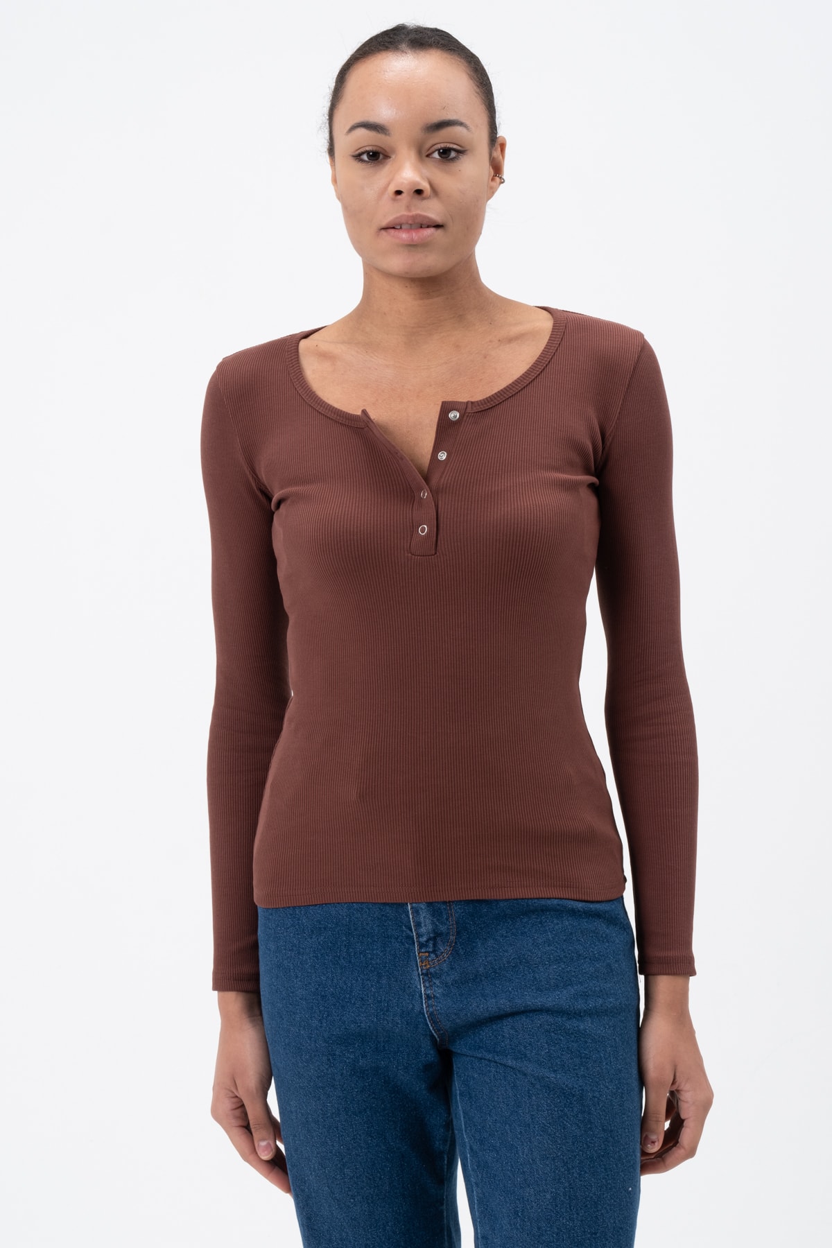 Kadın Kahverengi Çıtçıtlı Örme Uzun Kollu Bluz